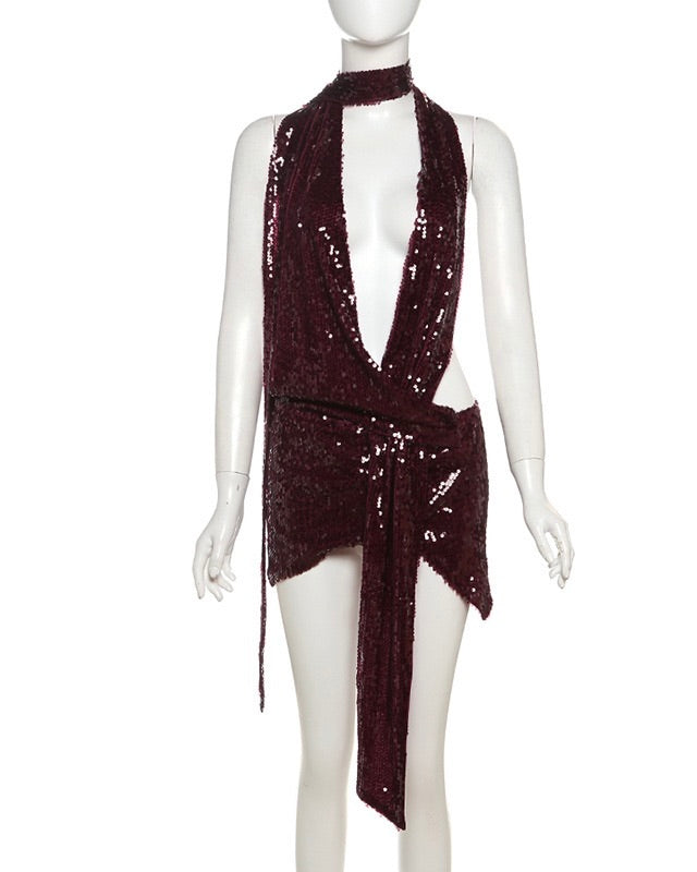 Heidi Sequin Deep Plunge Halter Mini Dress