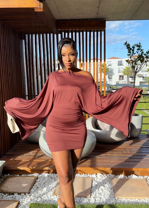 Leona Off-Shoulder Cape Sleeve Mini Dress Brown
