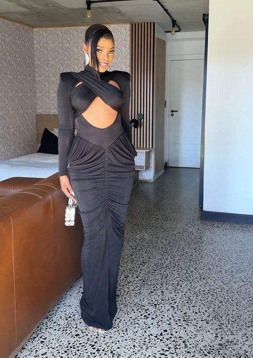 Odette Ruched High-Neck Maxi Dress Black