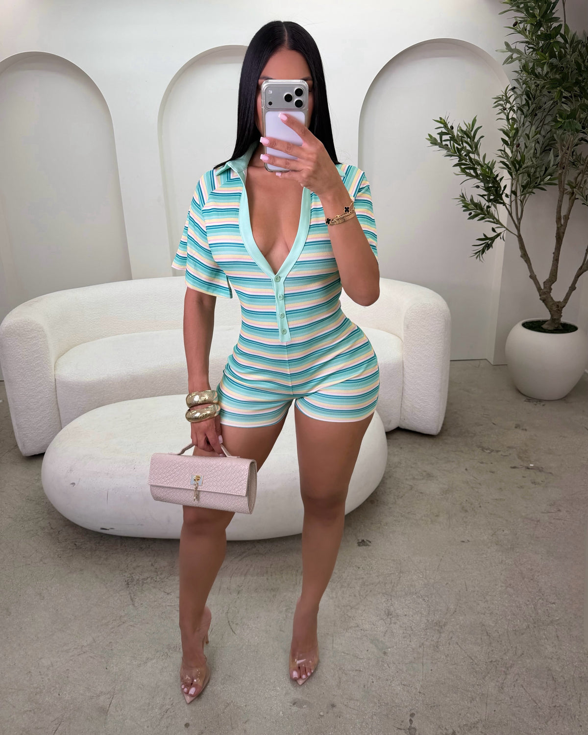 Sorbet Striped Knit Plunge Playsuit Green