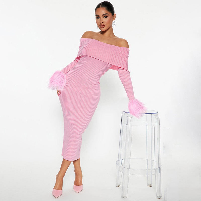 Pink Feather Midi Dress - Midi Dresses