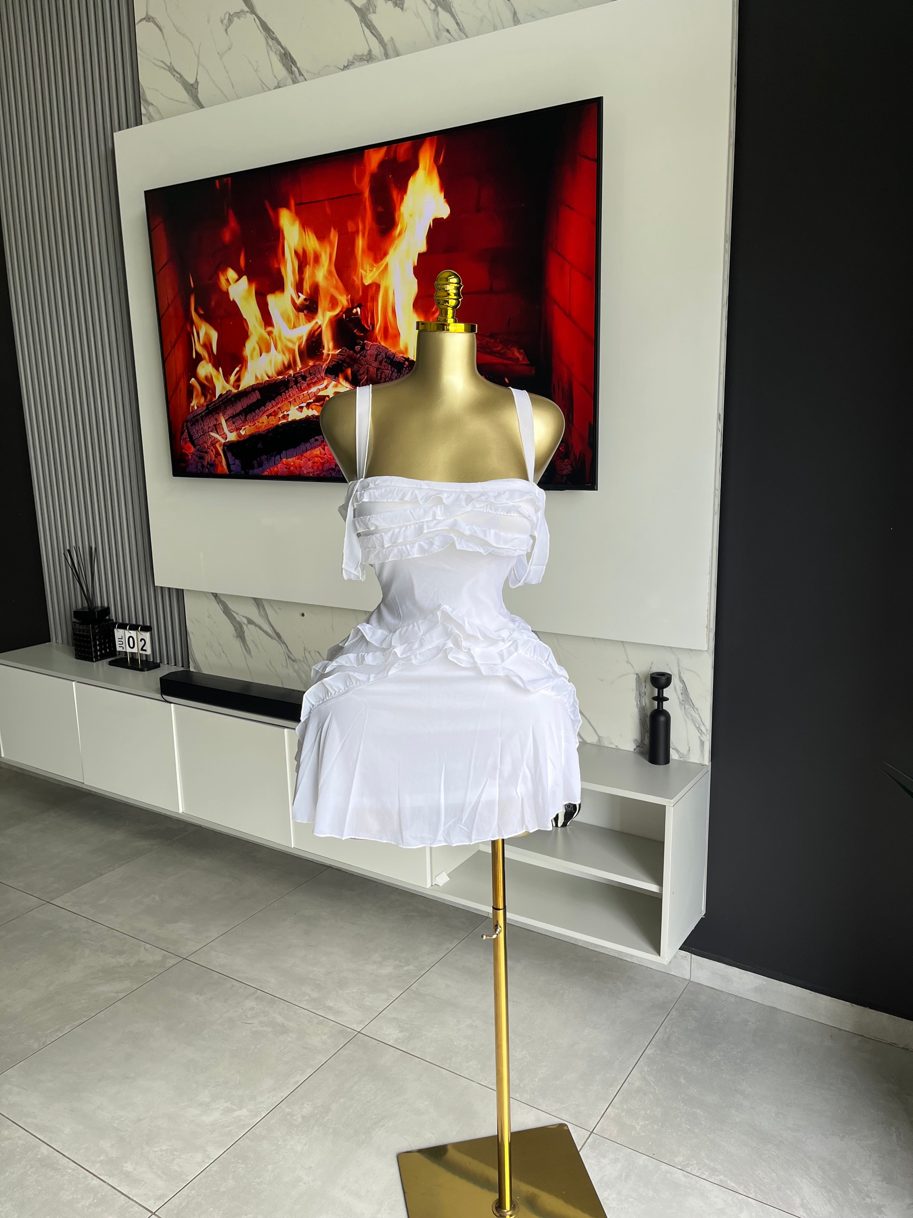 Kendra Ruffle Mesh Strapless Mini Dress White