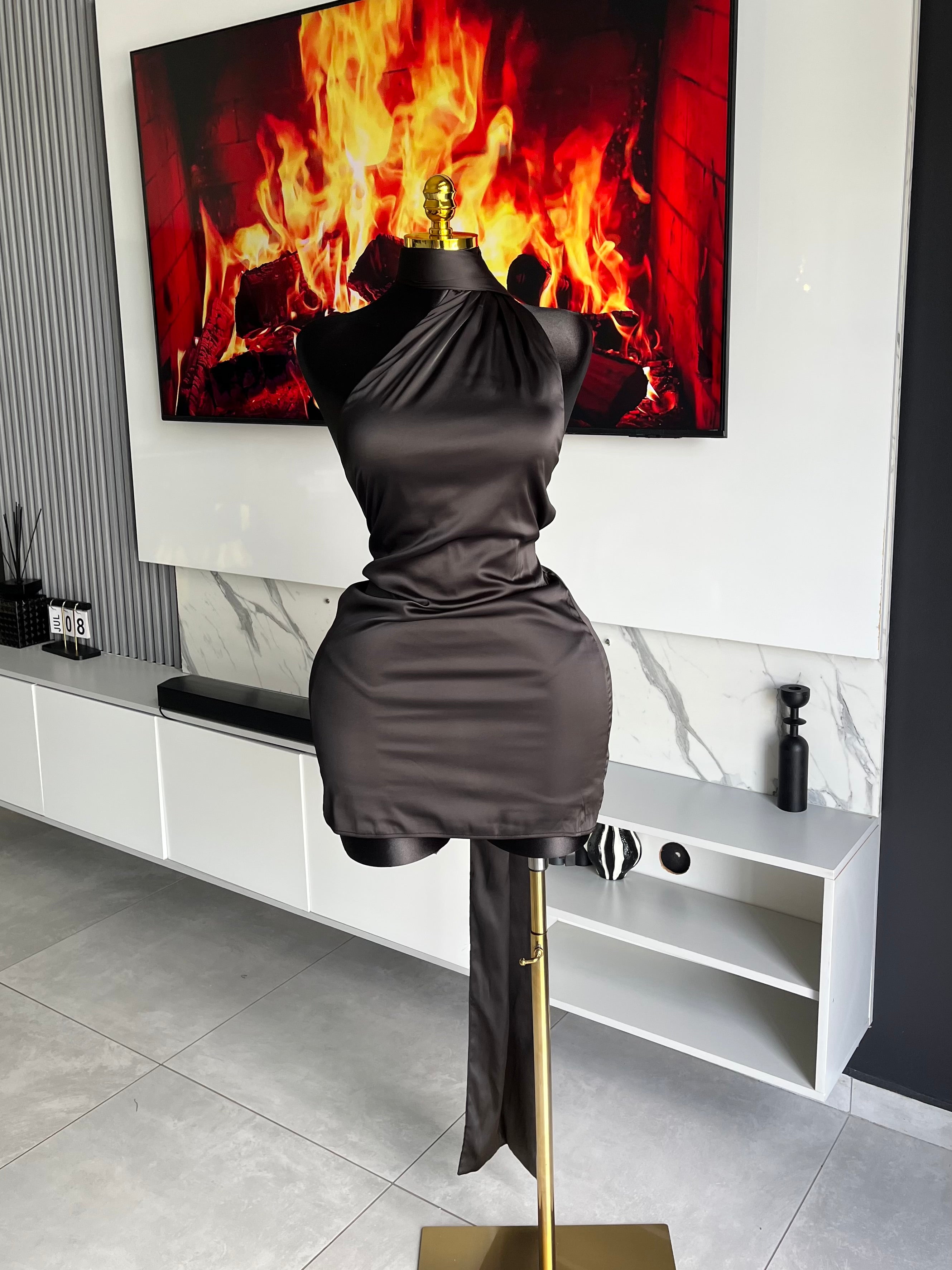 Belmont Satin Scarf-Neck Mini Dress