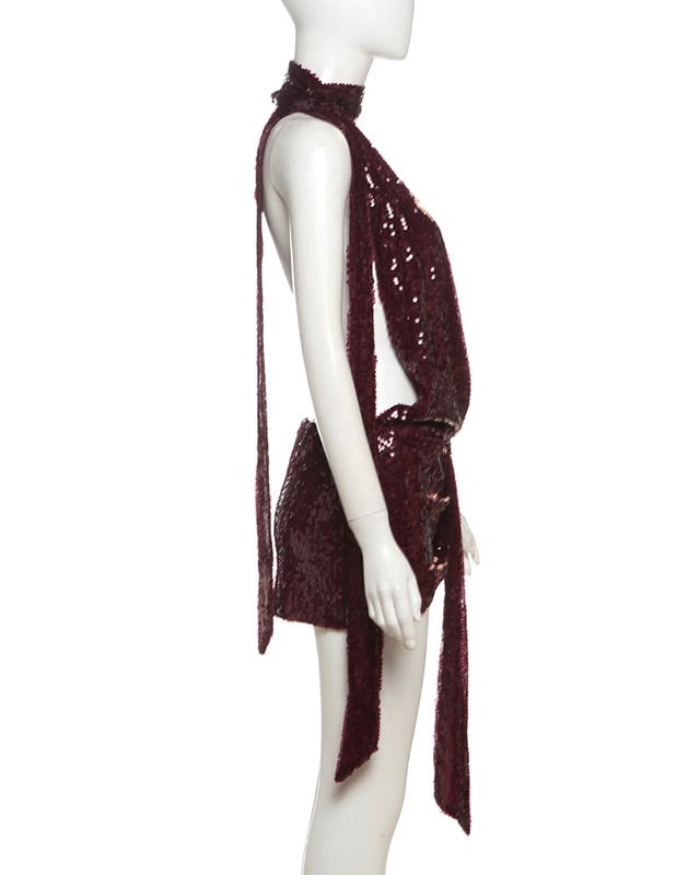 Heidi Sequin Deep Plunge Halter Mini Dress