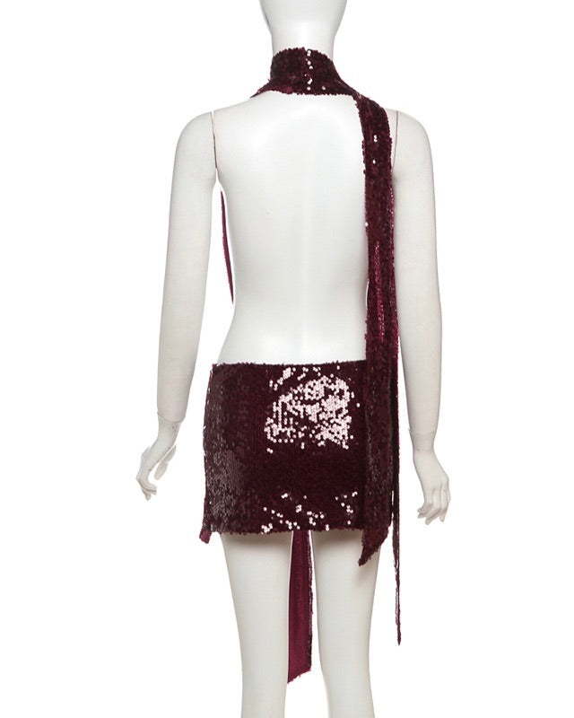 Heidi Sequin Deep Plunge Halter Mini Dress