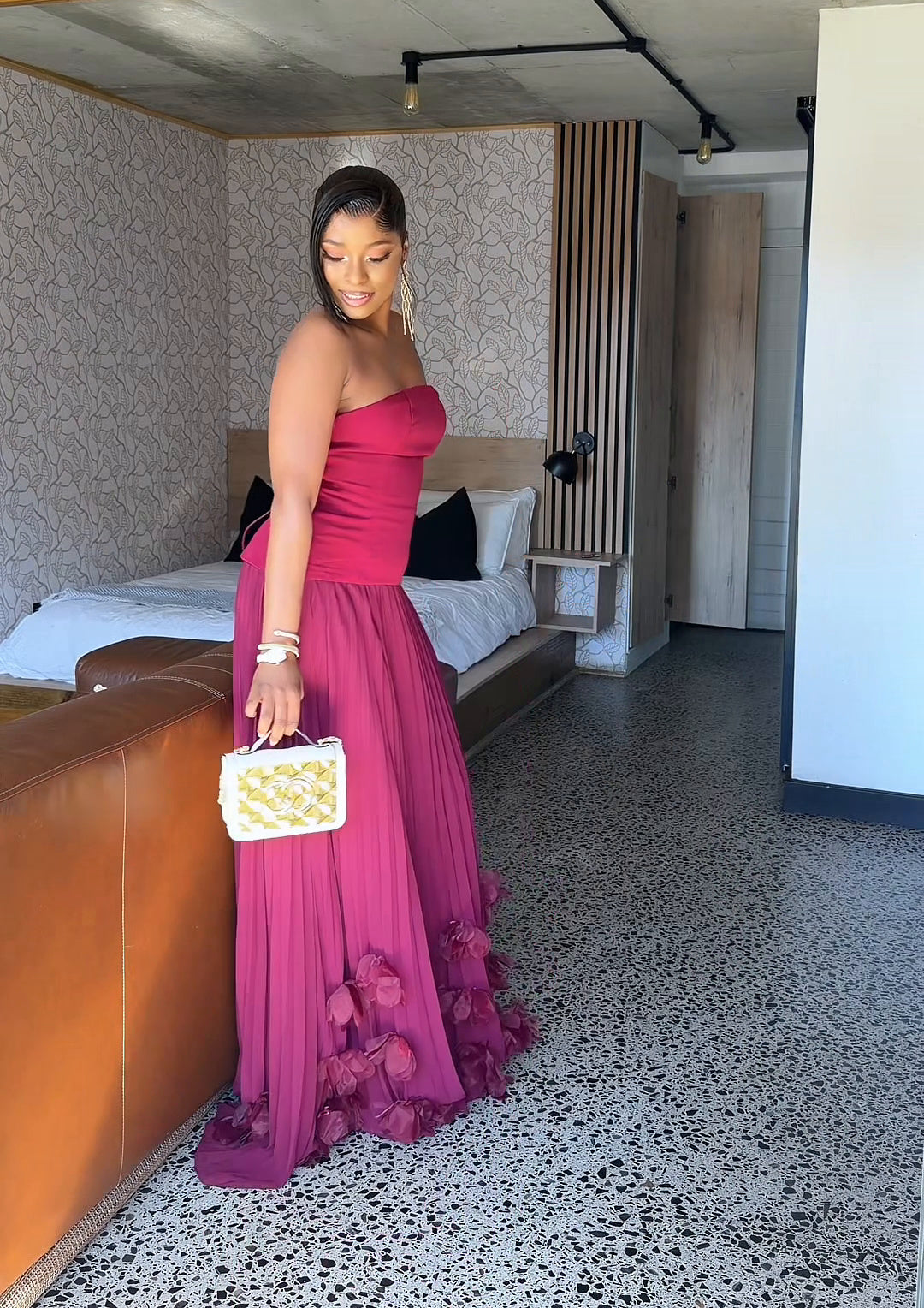 Royale Pleated Flower Hem Gown Burgundy