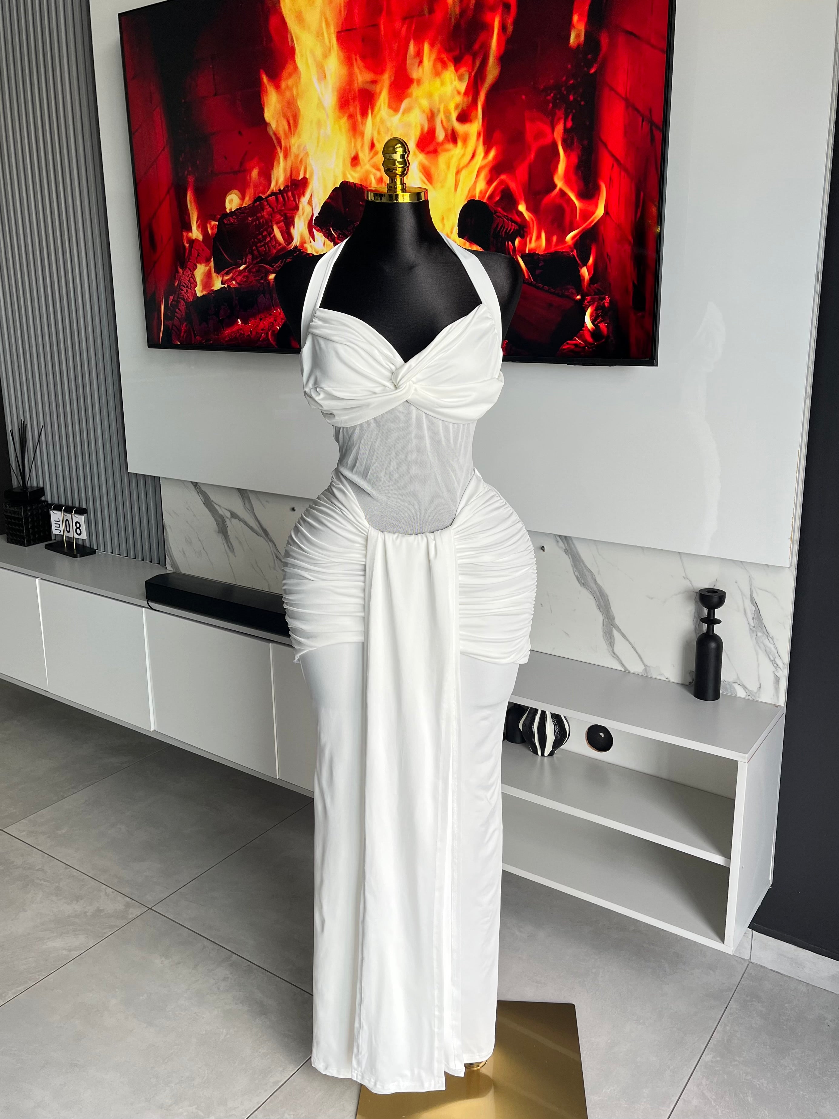 Davina Mesh Illusion Halter Gown White