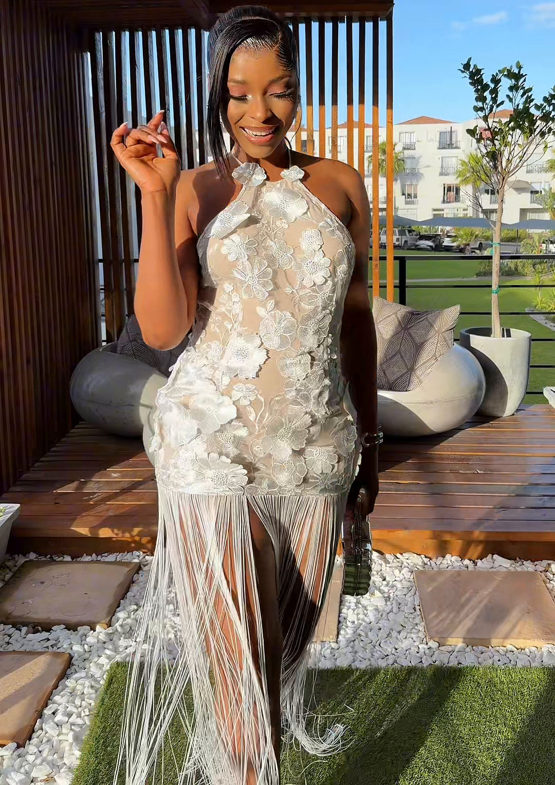 Gardenia Floral Fringe Maxi Dress Ivory
