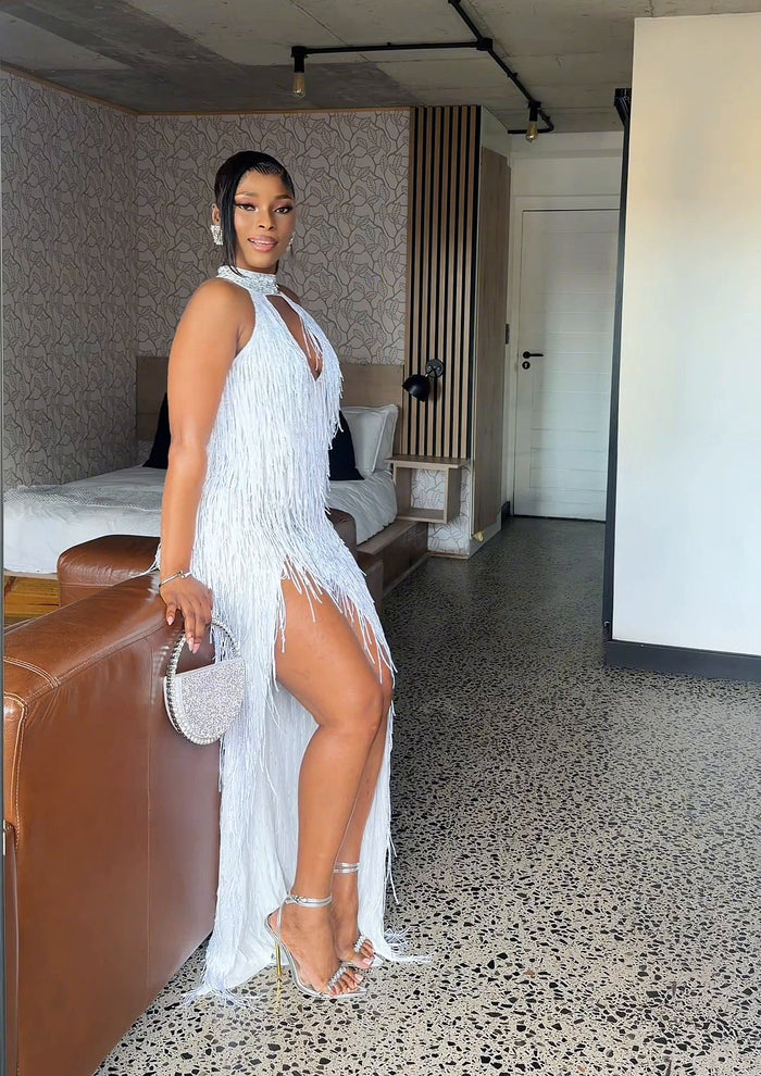Halo Beaded Fringe Dress Silver