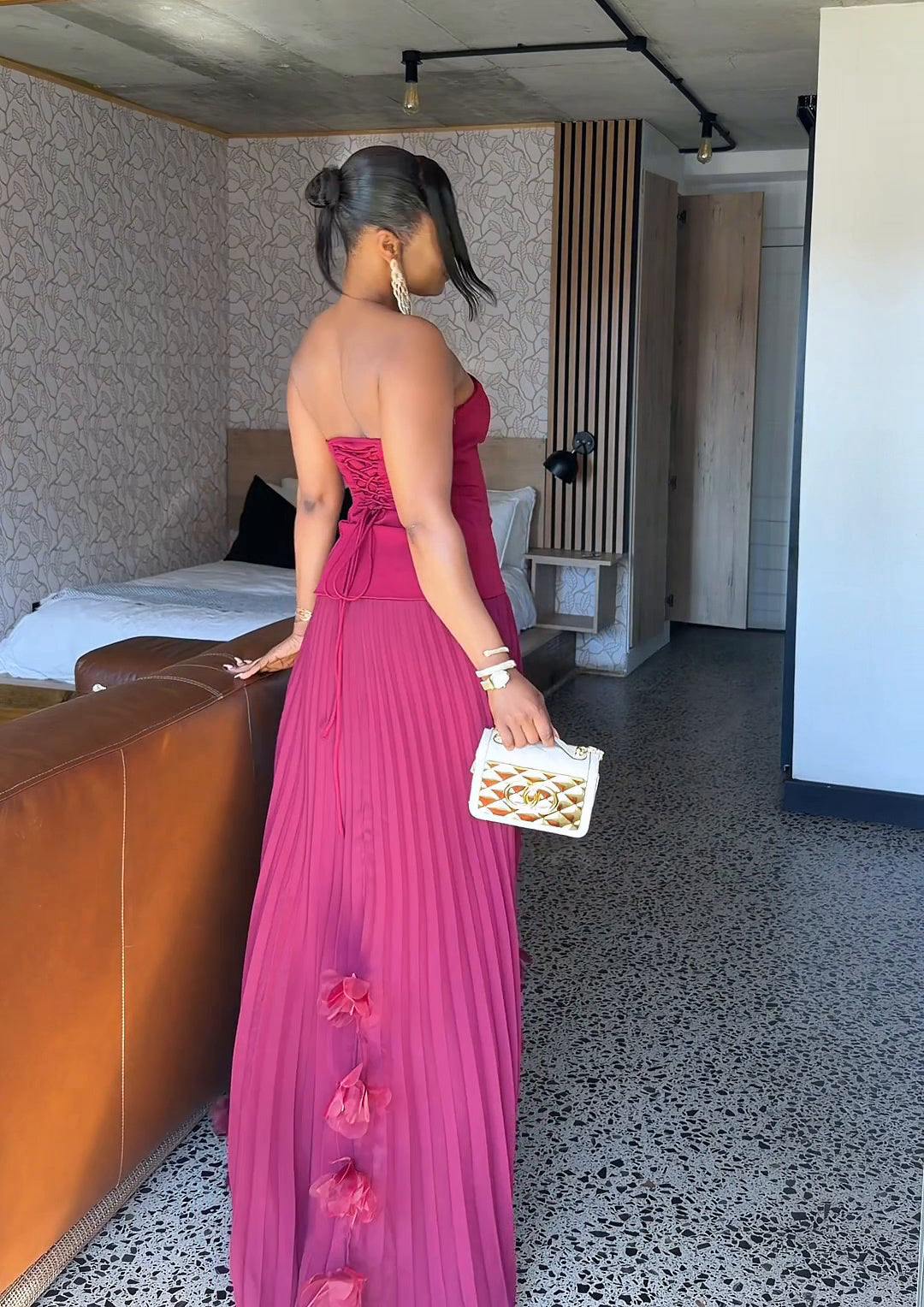 Royale Pleated Flower Hem Gown Burgundy