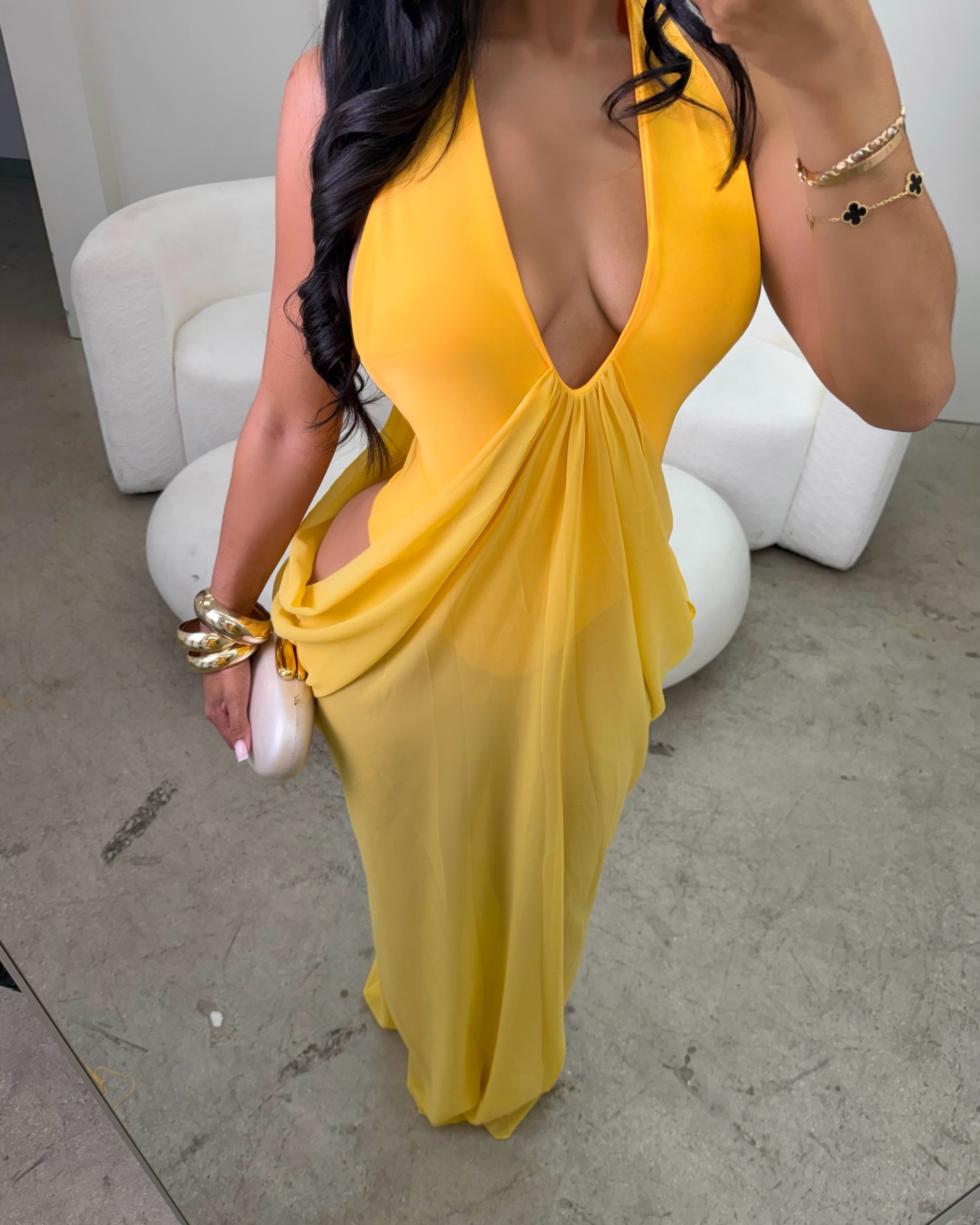 Marigold Draped Halter Maxi Dress Yellow