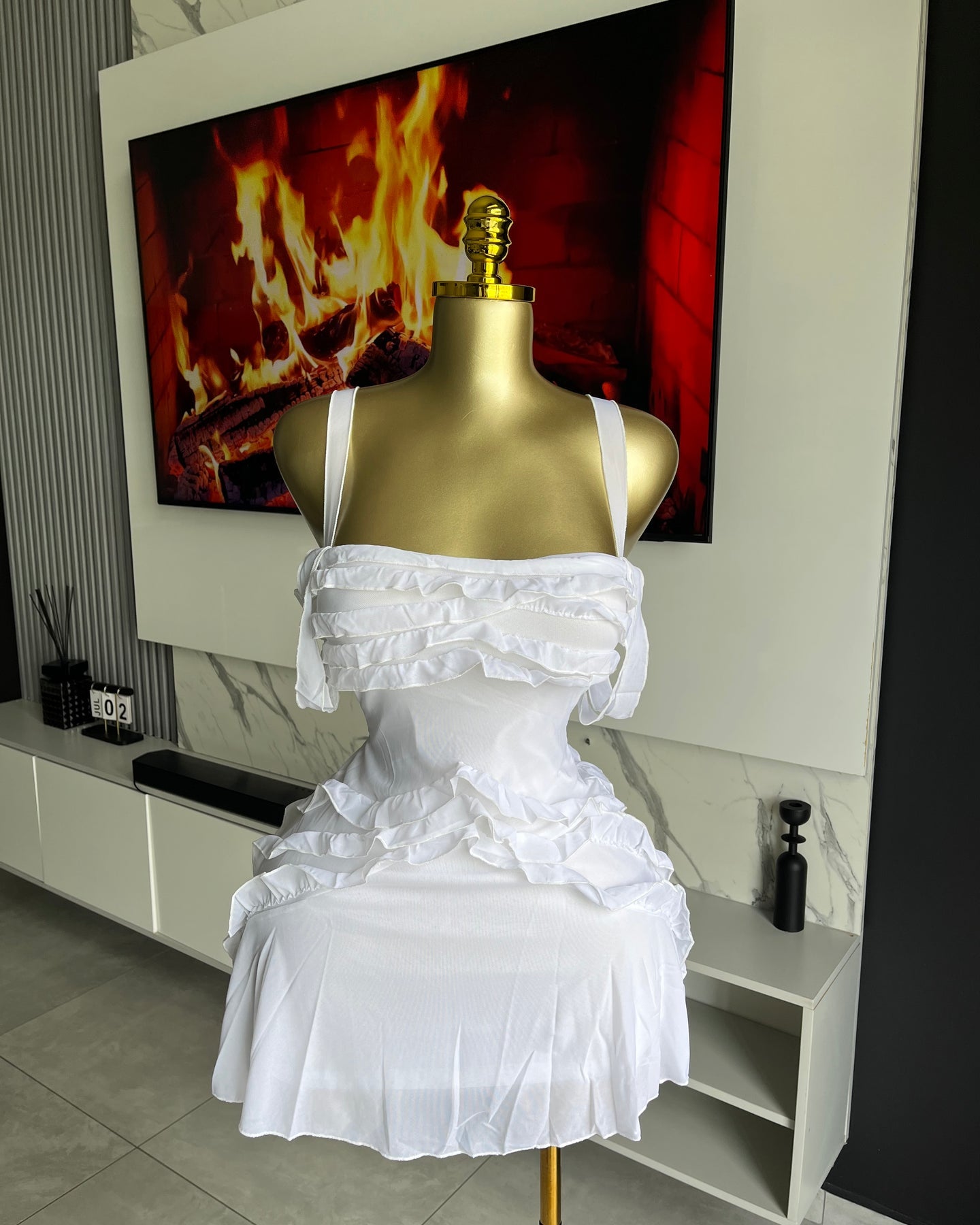 Kendra Ruffle Mesh Strapless Mini Dress White