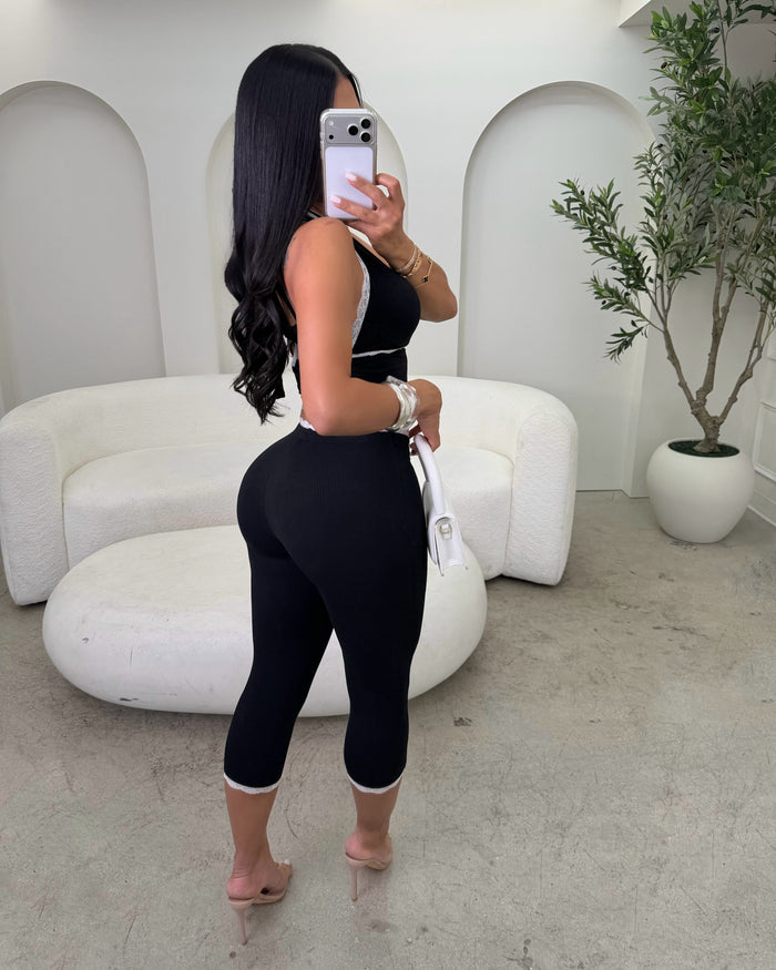 Imani Lace Trim Halter Leggings Set Black