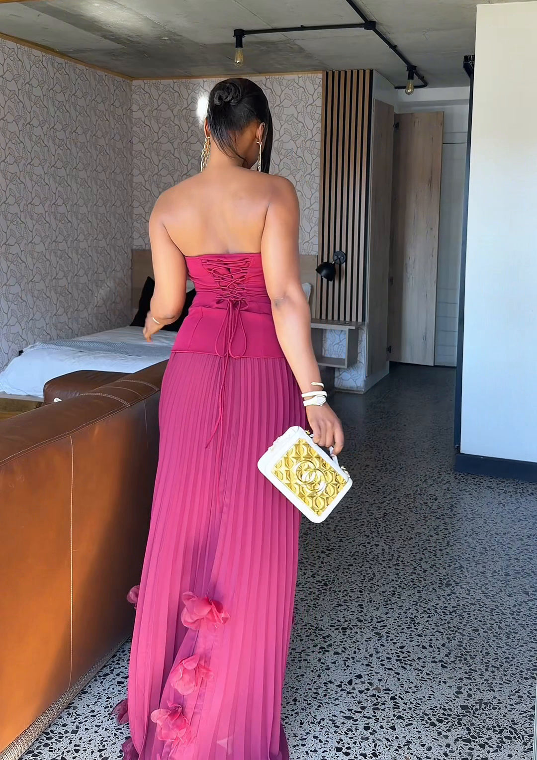 Royale Pleated Flower Hem Gown Burgundy