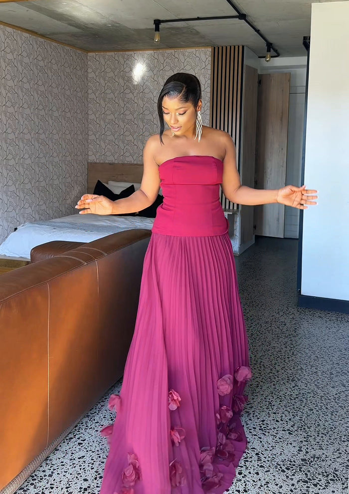Royale Pleated Flower Hem Gown Burgundy