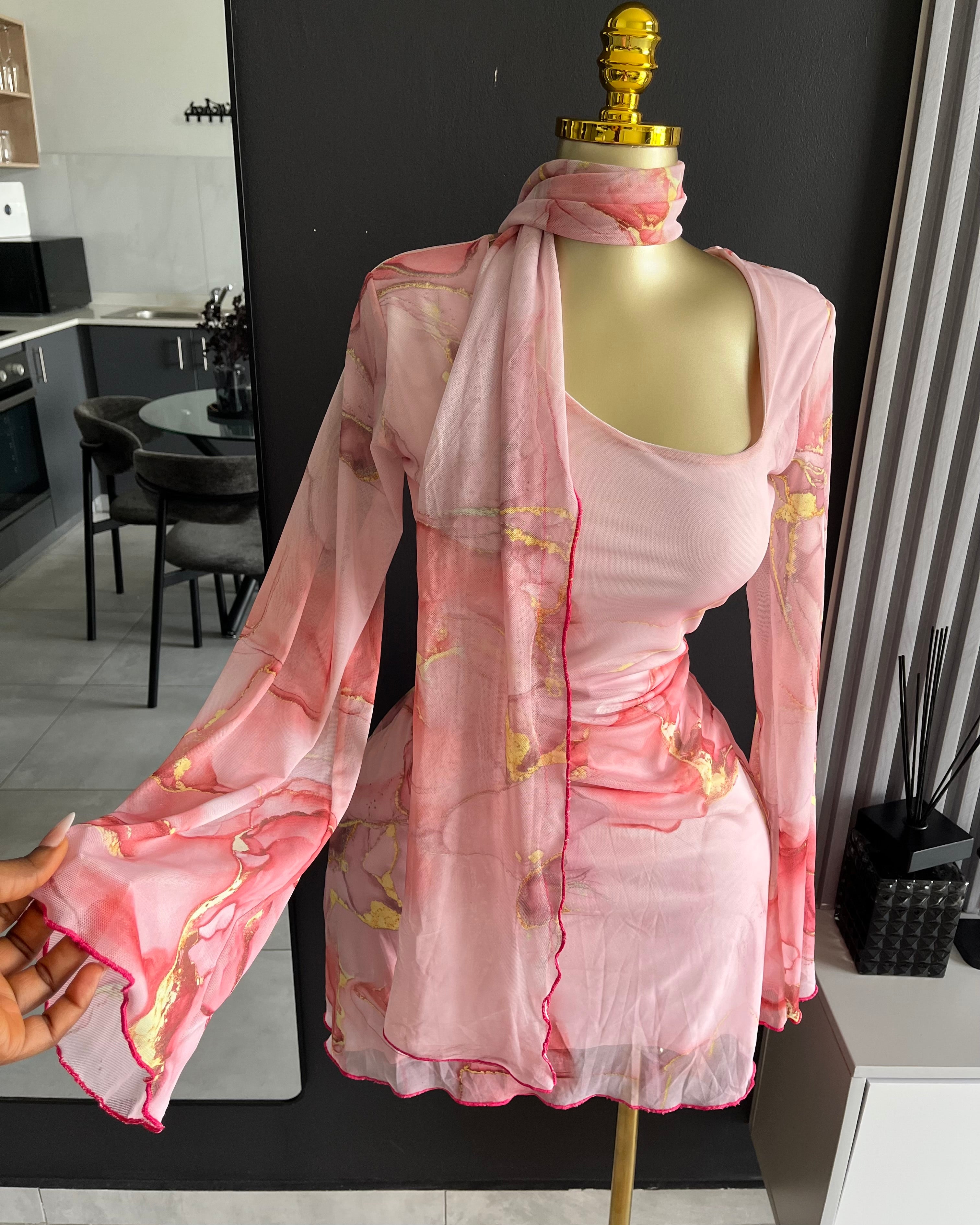 Blush Muse Mesh Mini Dress with Scarf