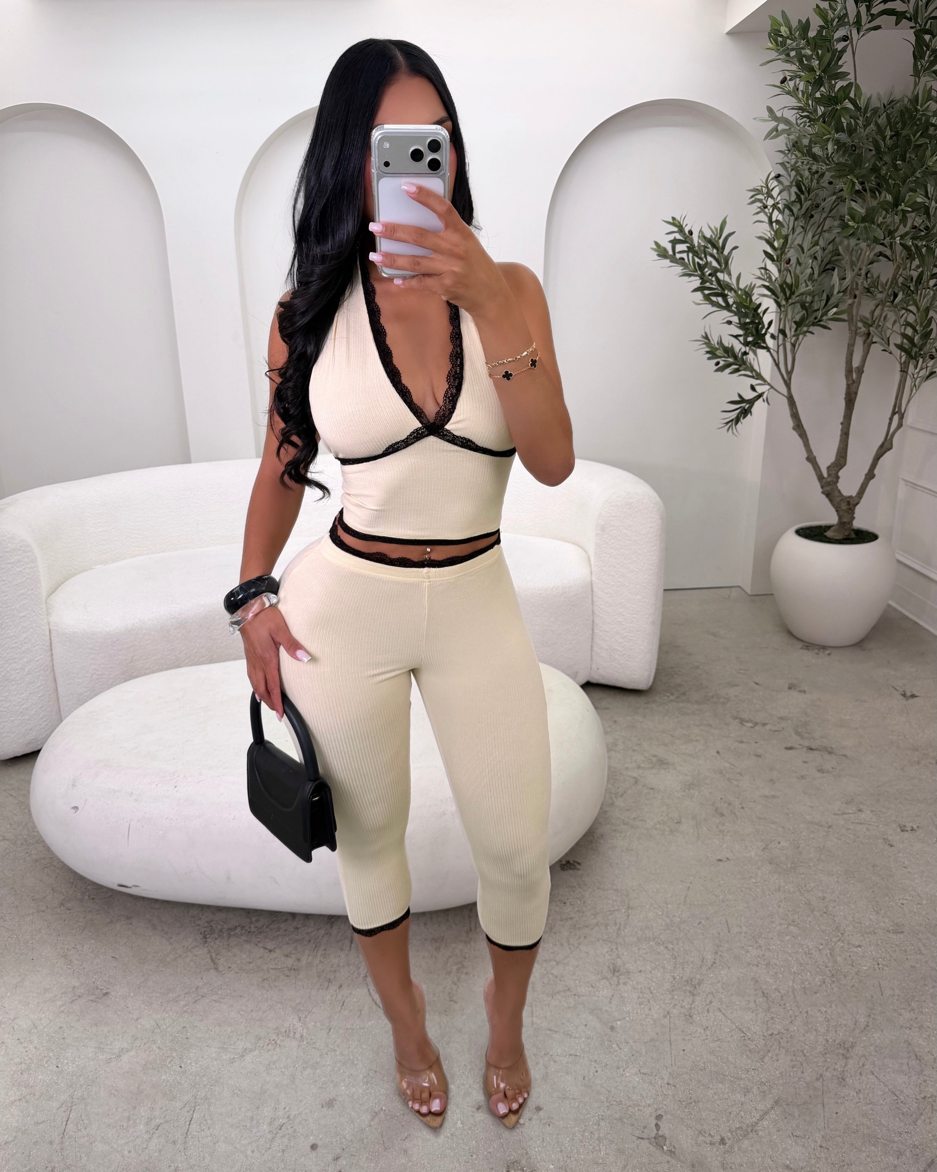 Imani Lace Trim Halter Leggings Set Nude