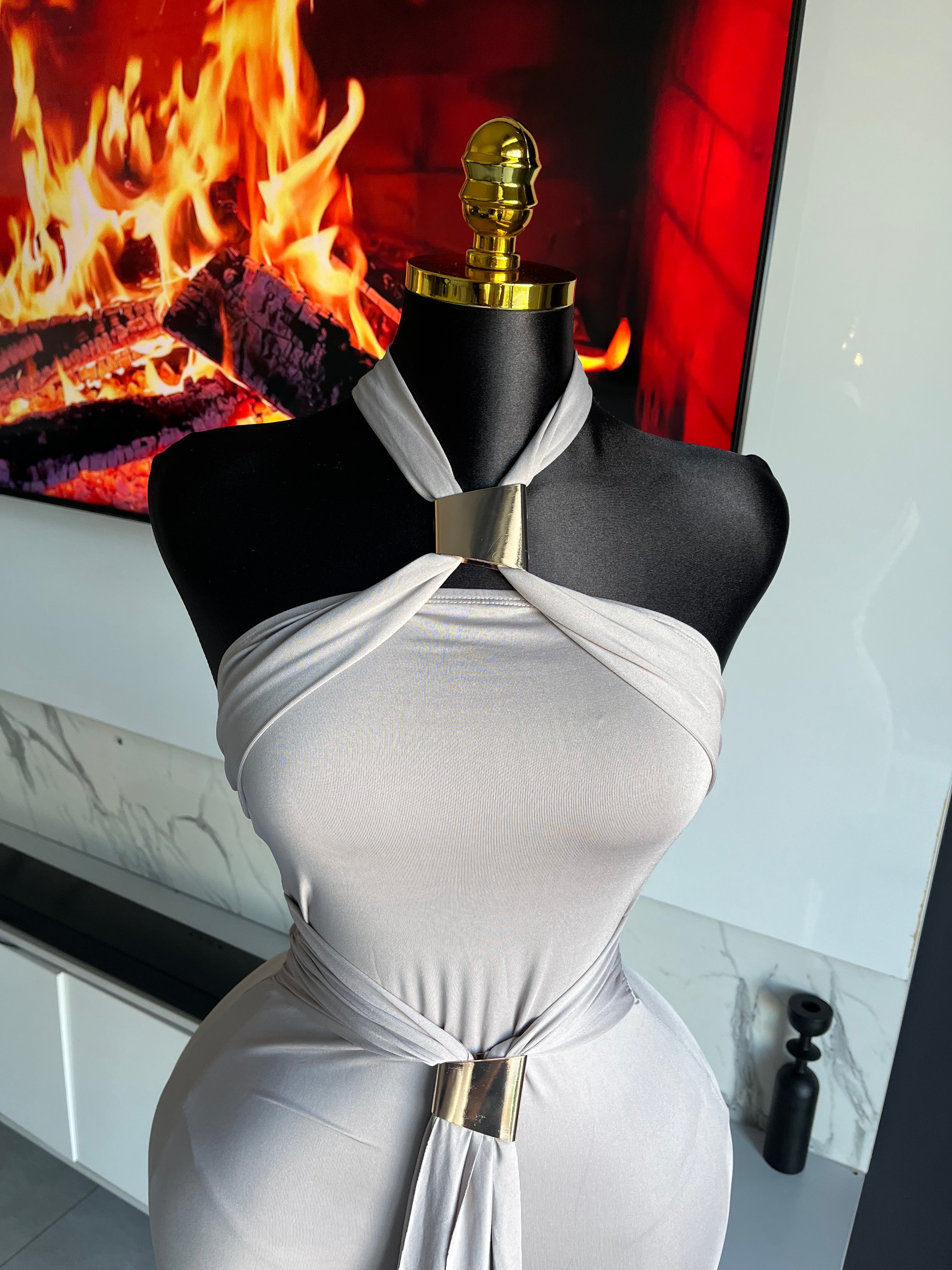 Oralee Halter Drape Romper Grey