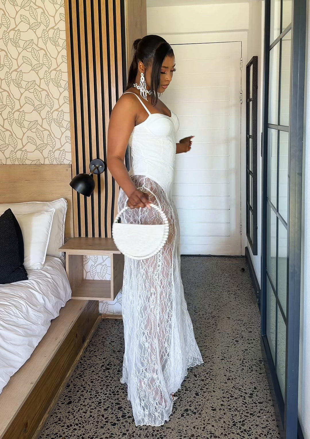 Vienna Sheer Lace Corset Maxi Dress White