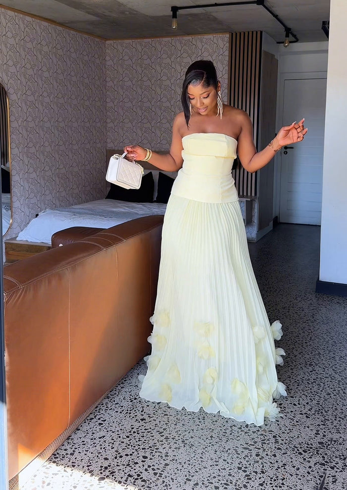 Royale Pleated Flower Hem Gown Yellow