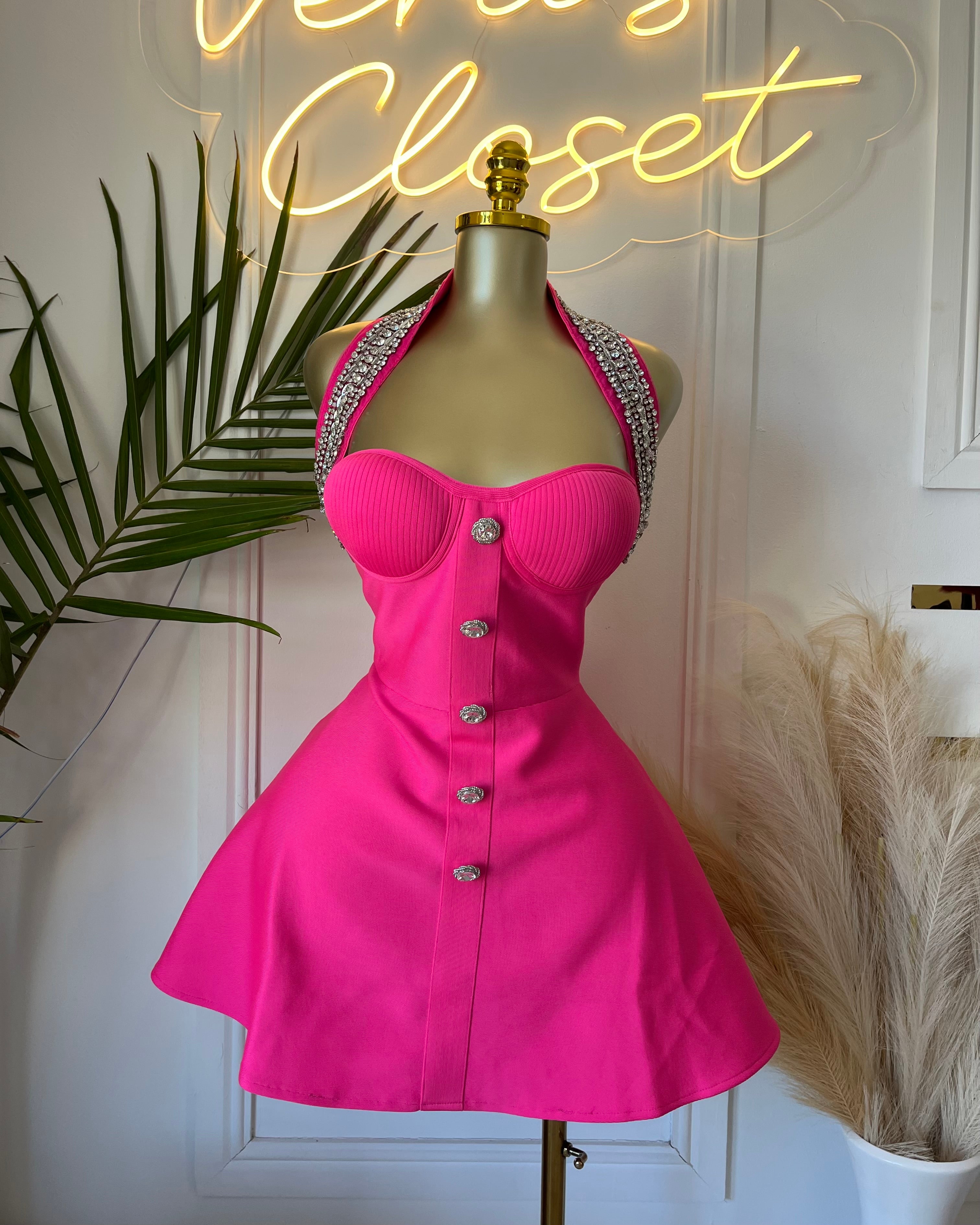 Vera Hot Pink Embellished Halter Mini Dress