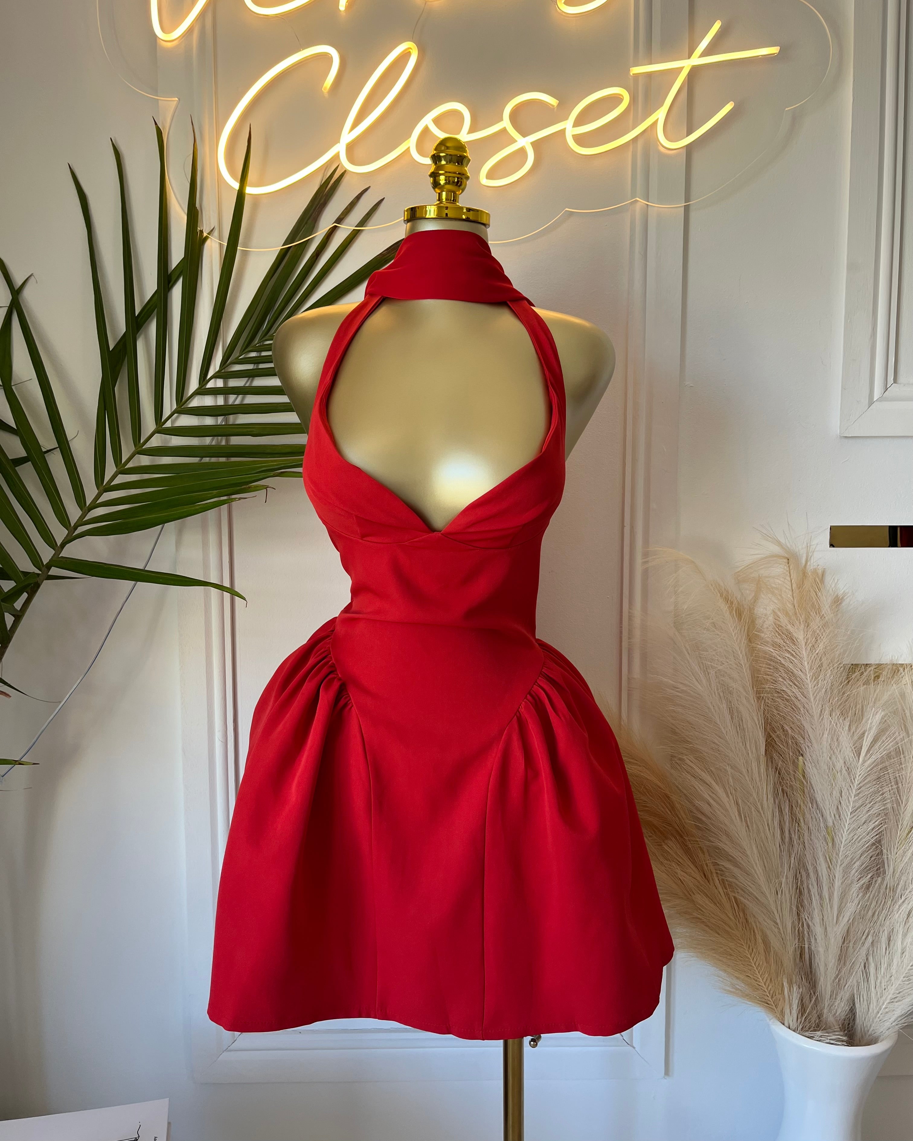 Lustre Red Off-Shoulder Skater Mini Dress