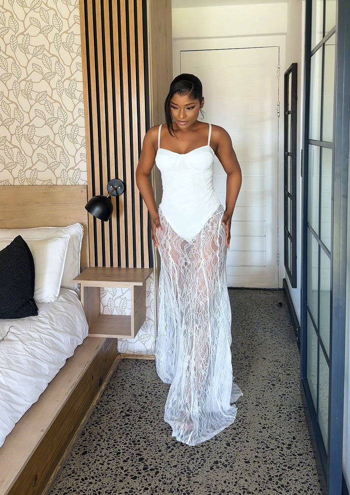 Vienna Sheer Lace Corset Maxi Dress White
