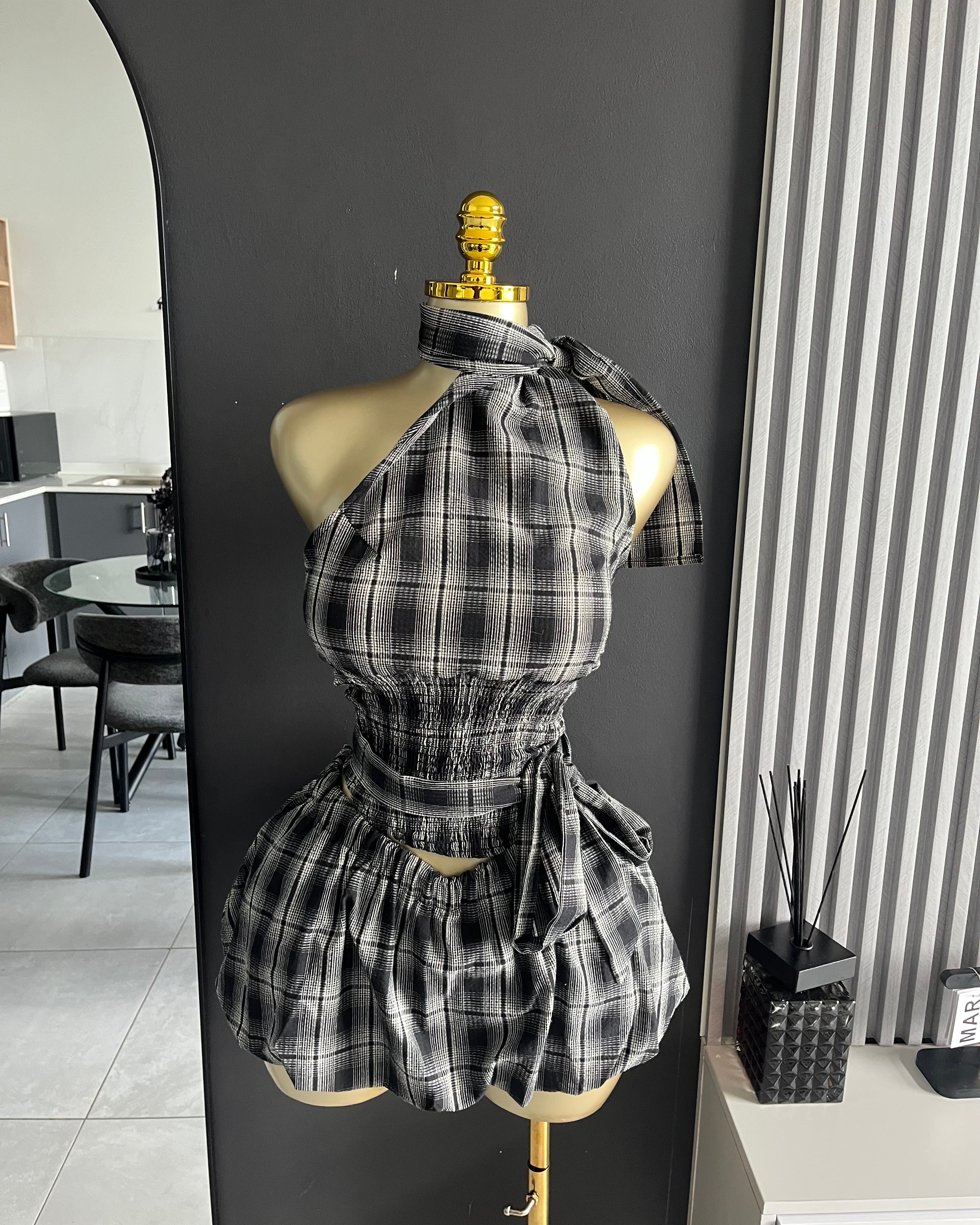 Betty Plaid Halter Ruffle Mini Skirt Set Black