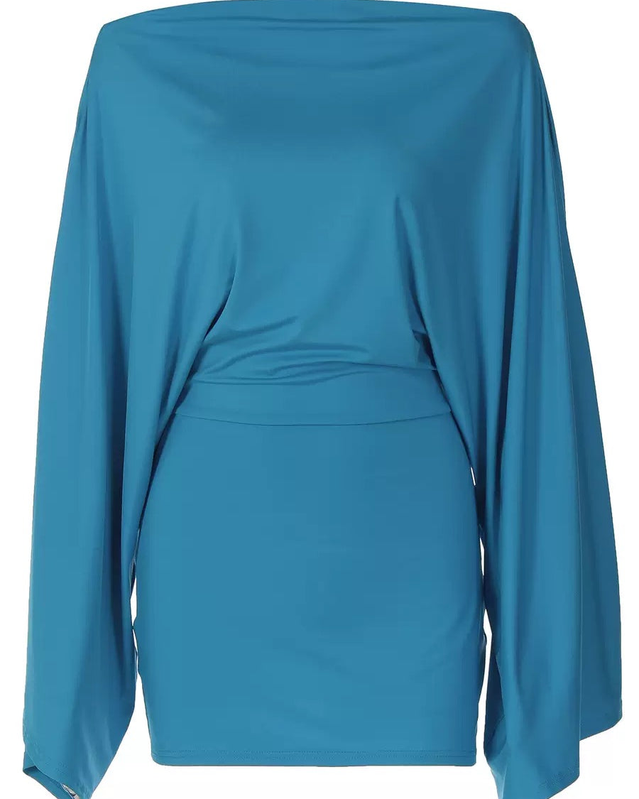 Leona Off-Shoulder Cape Sleeve Mini Dress Teal