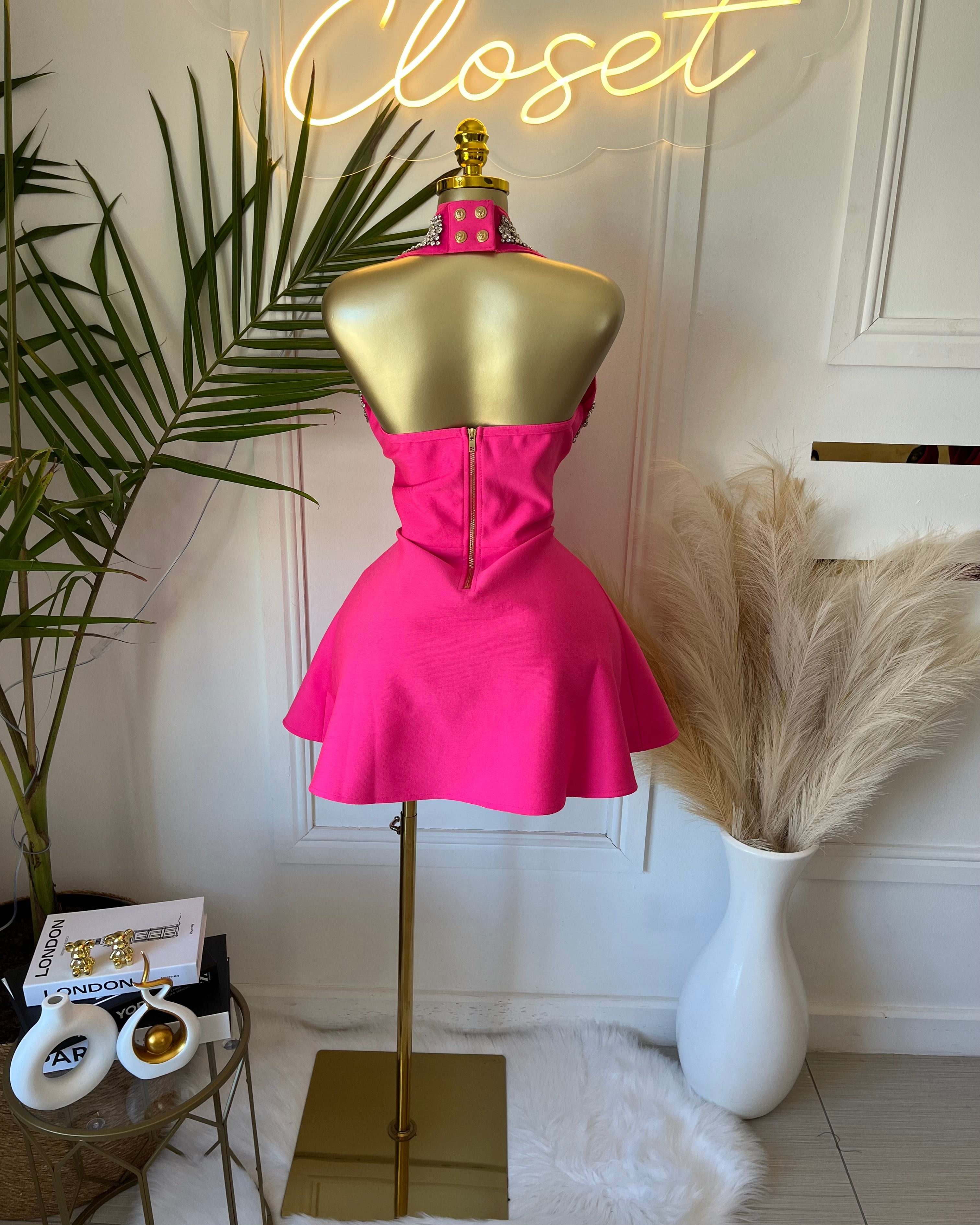 Vera Hot Pink Embellished Halter Mini Dress