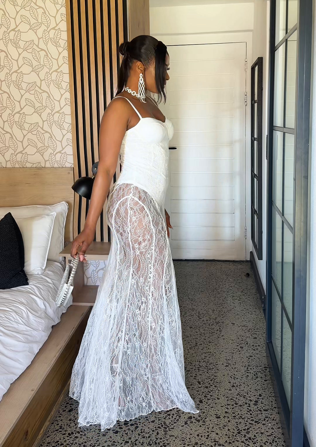 Vienna Sheer Lace Corset Maxi Dress White
