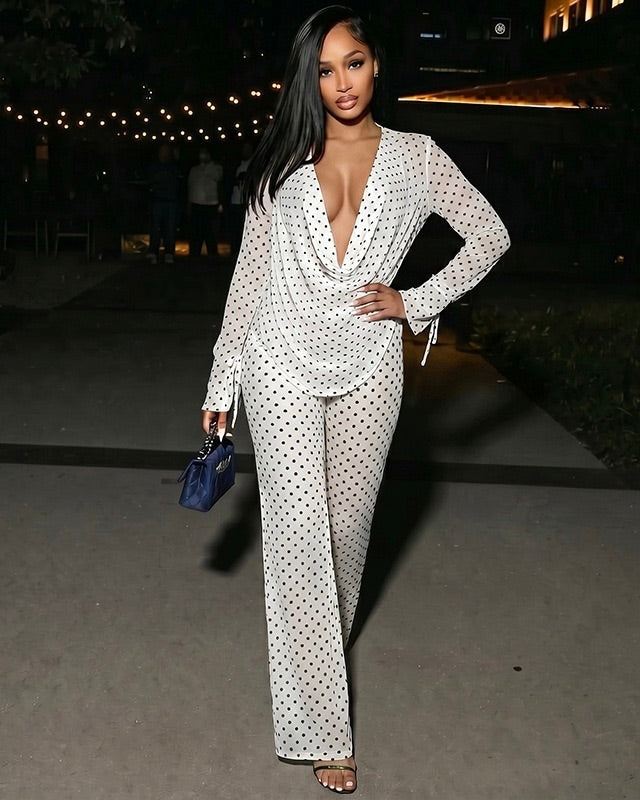 Mabel Polka Dot Mesh Pant Set White