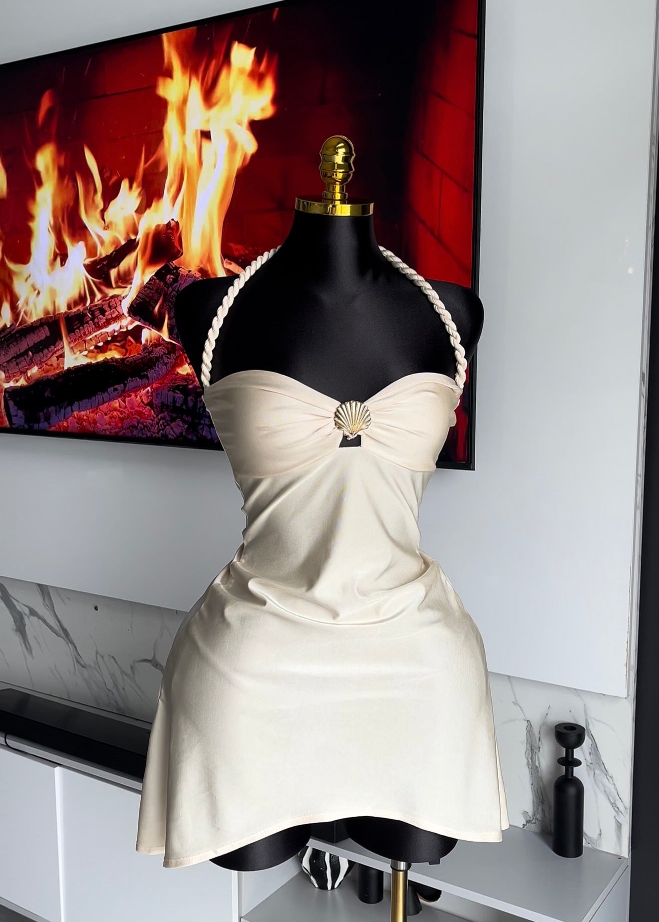 Jolie Shell-Detail Halter Mini Dress