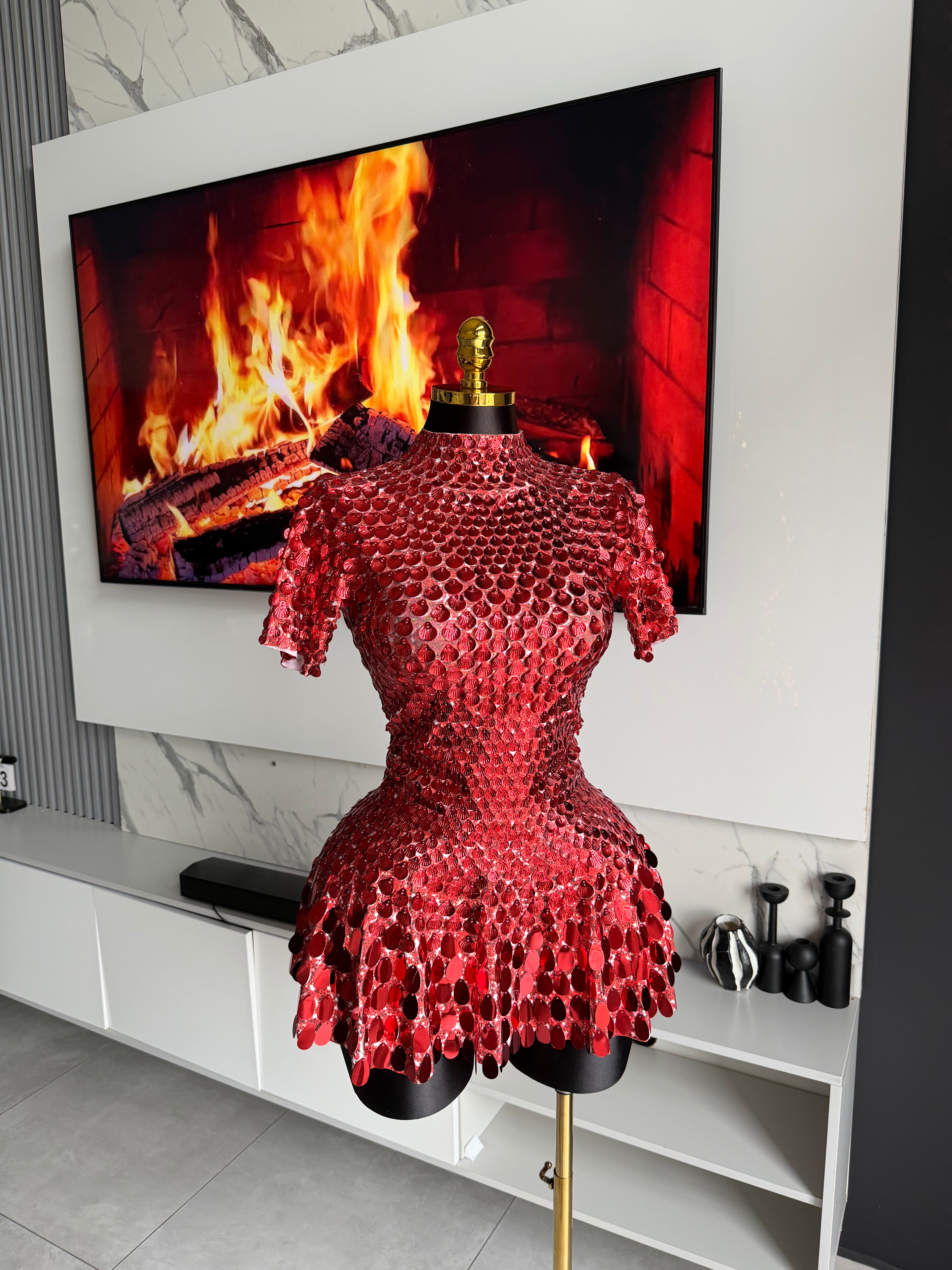 Godiva Mirror Embellished Mini Dress Red