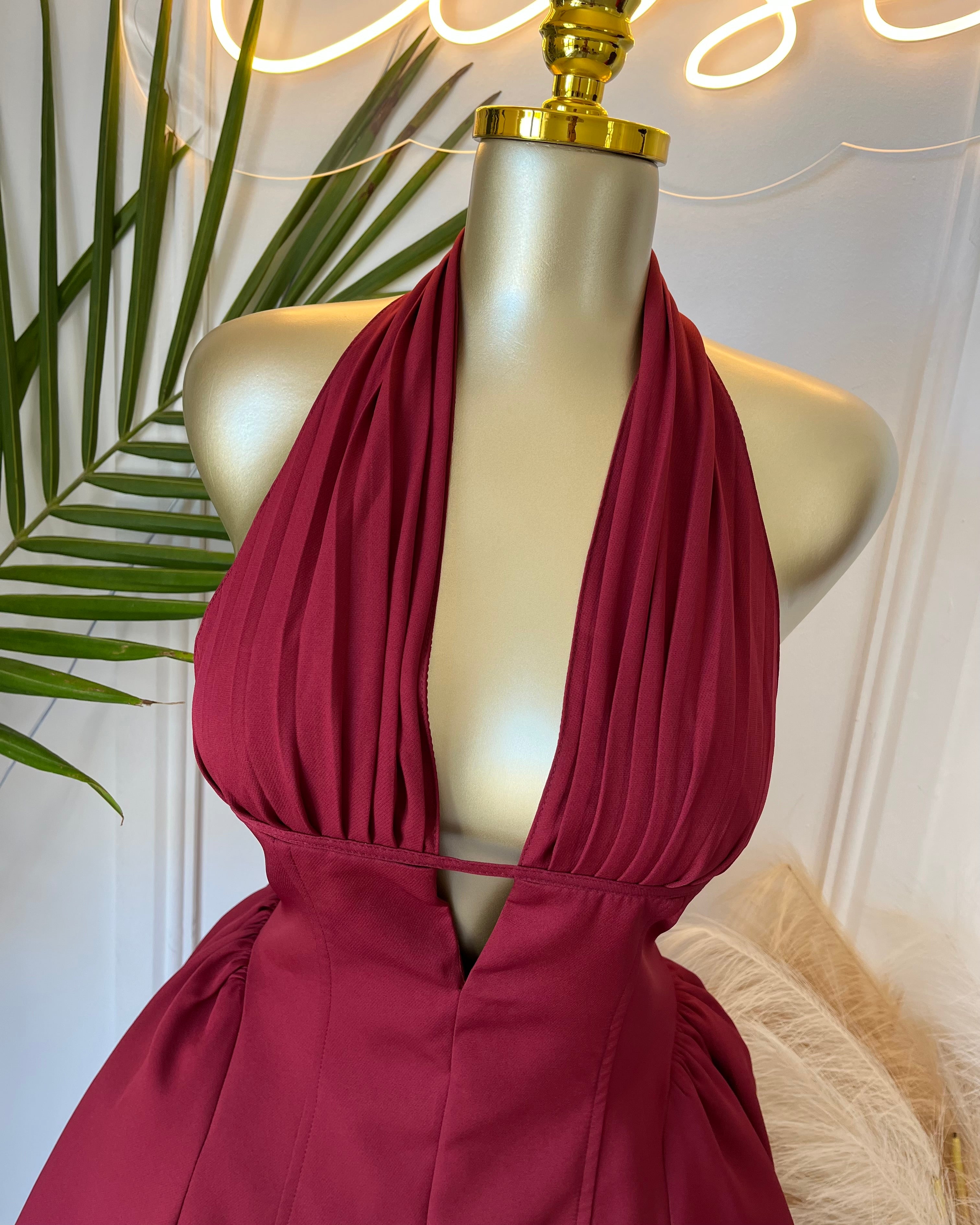 Reanna Burgundy Halter Skater Mini Dress