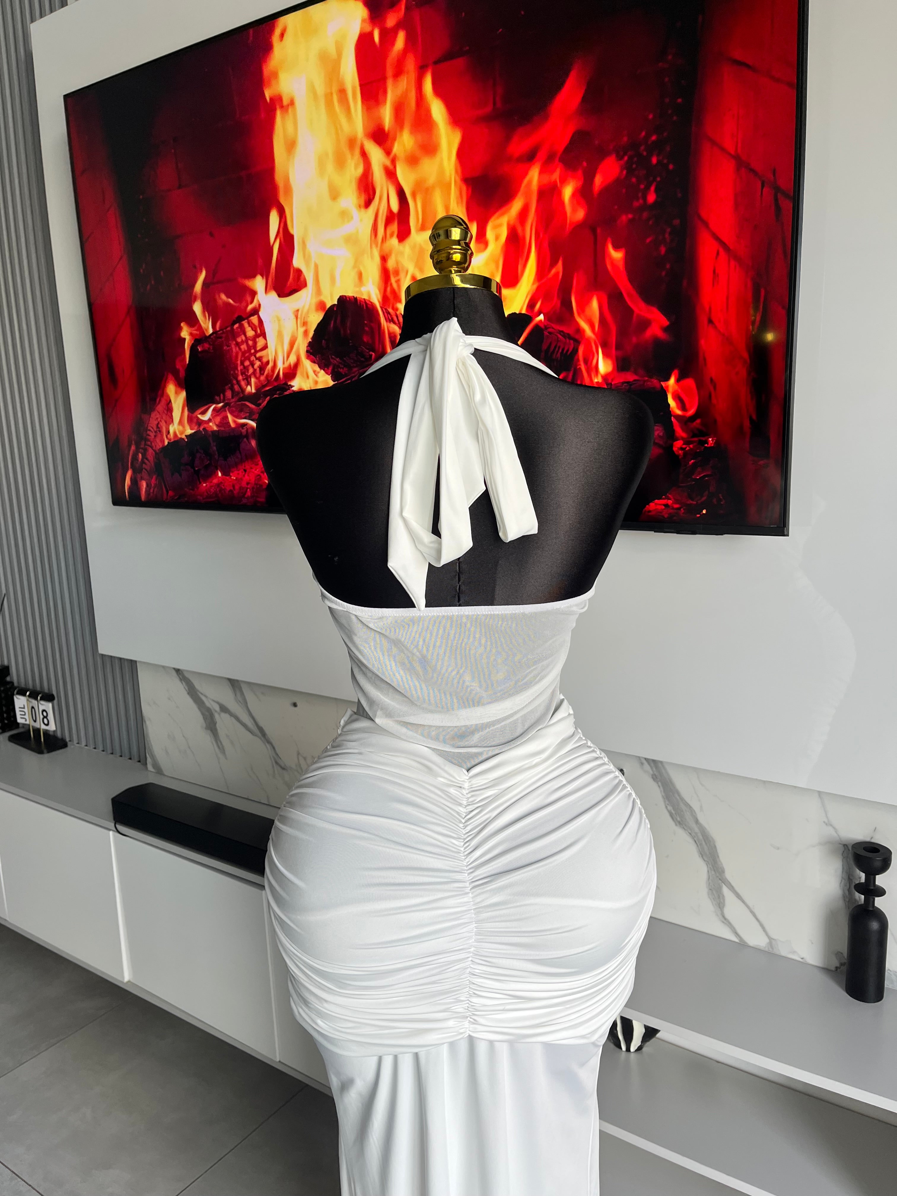 Davina Mesh Illusion Halter Gown White