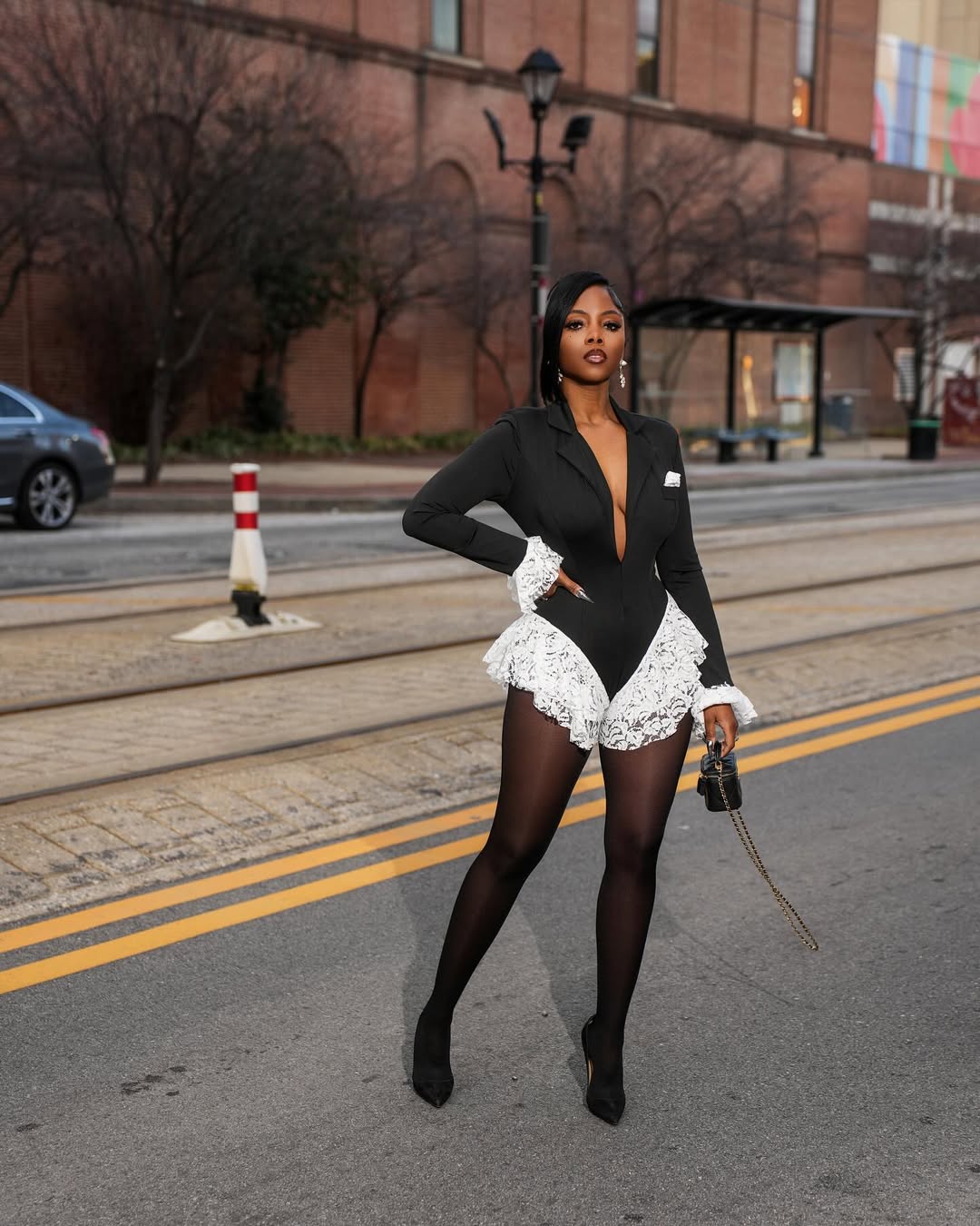 Sophisticated Lace Trim Bodysuit Black