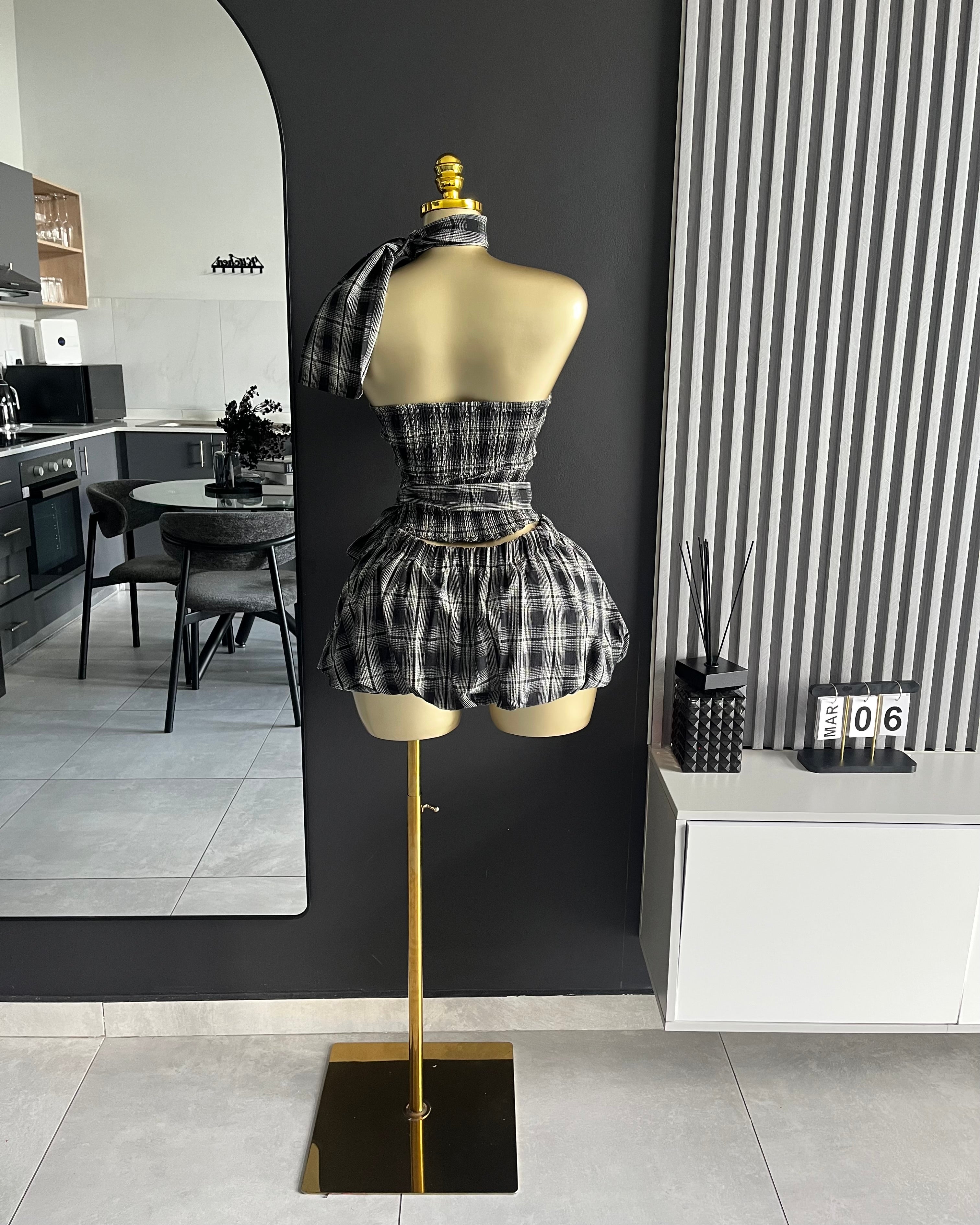 Betty Plaid Halter Ruffle Mini Skirt Set Black