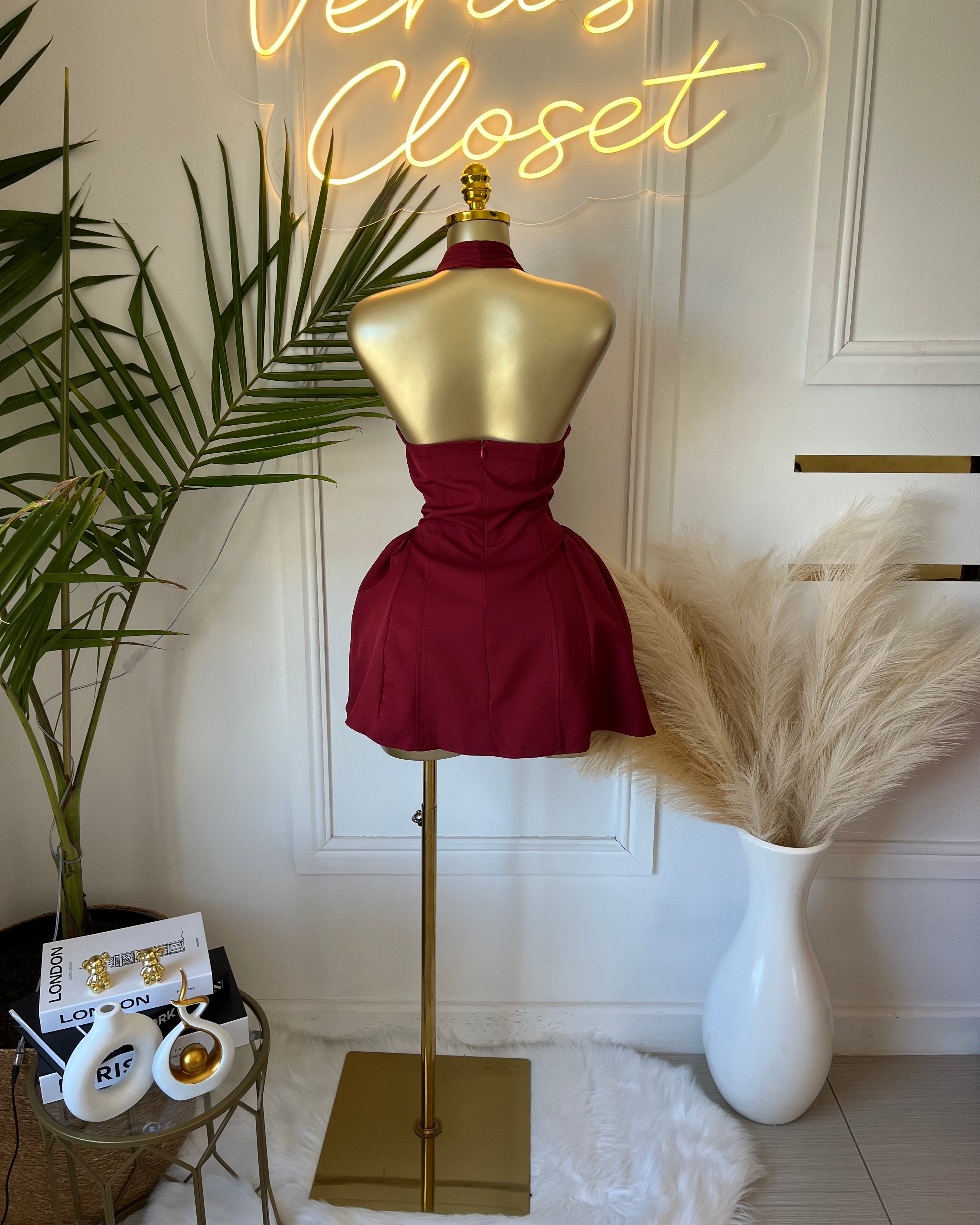 Reanna Burgundy Halter Skater Mini Dress