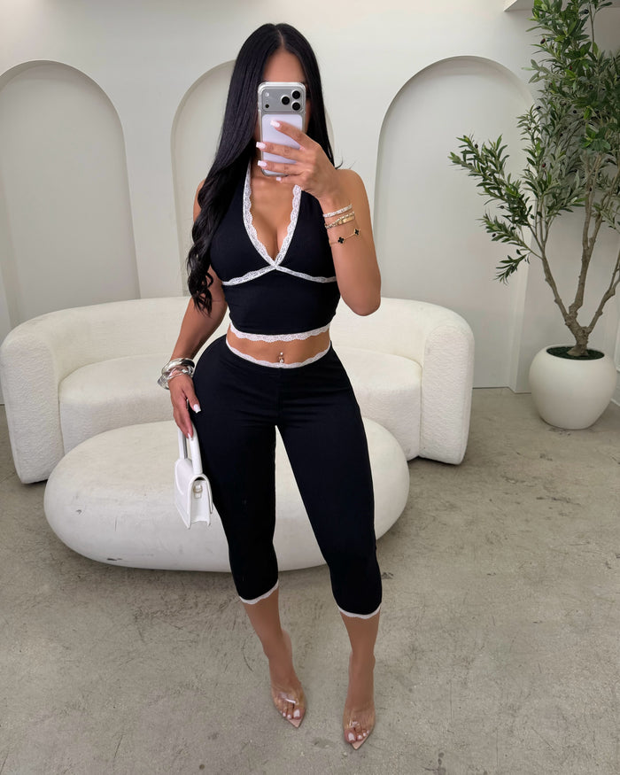 Imani Lace Trim Halter Leggings Set Black