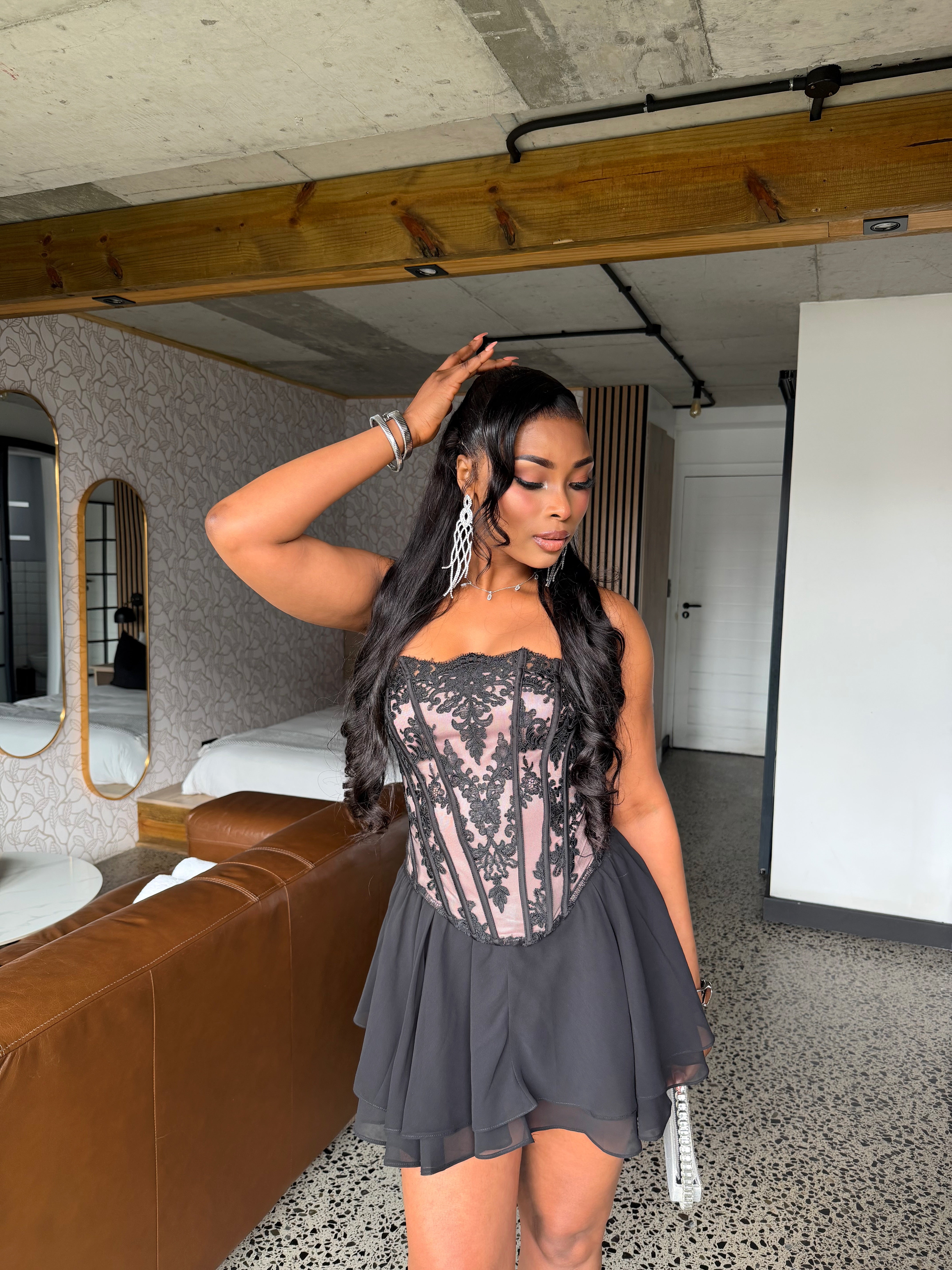 Noirelle Lace Corset Mini Dress Black