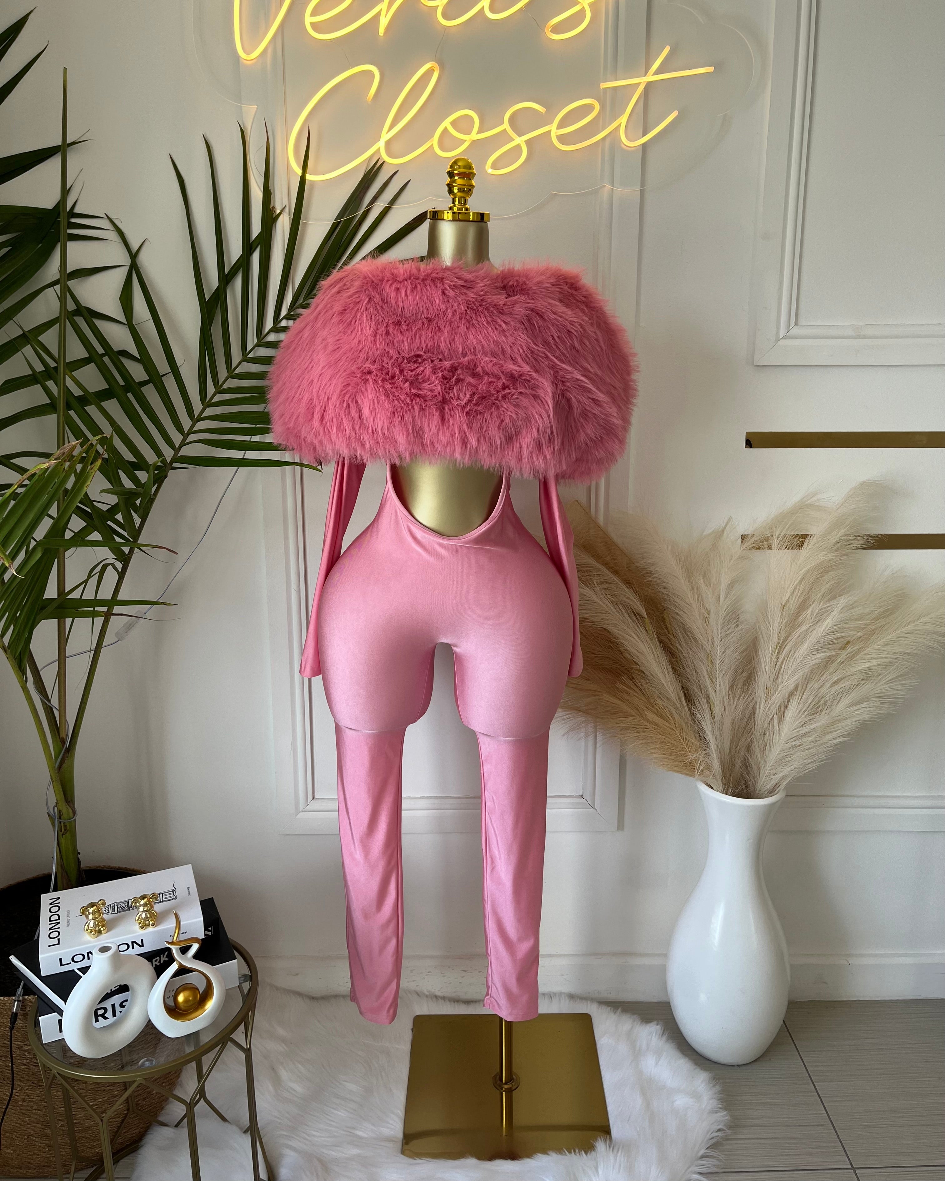 Really Pink Feather Trim Jumpsuit