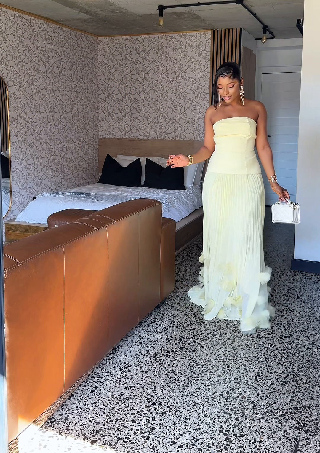 Royale Pleated Flower Hem Gown Yellow