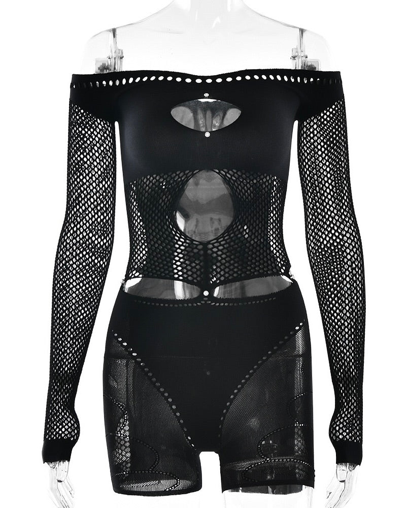 Venus Mesh Cutout Bodysuit Set Black