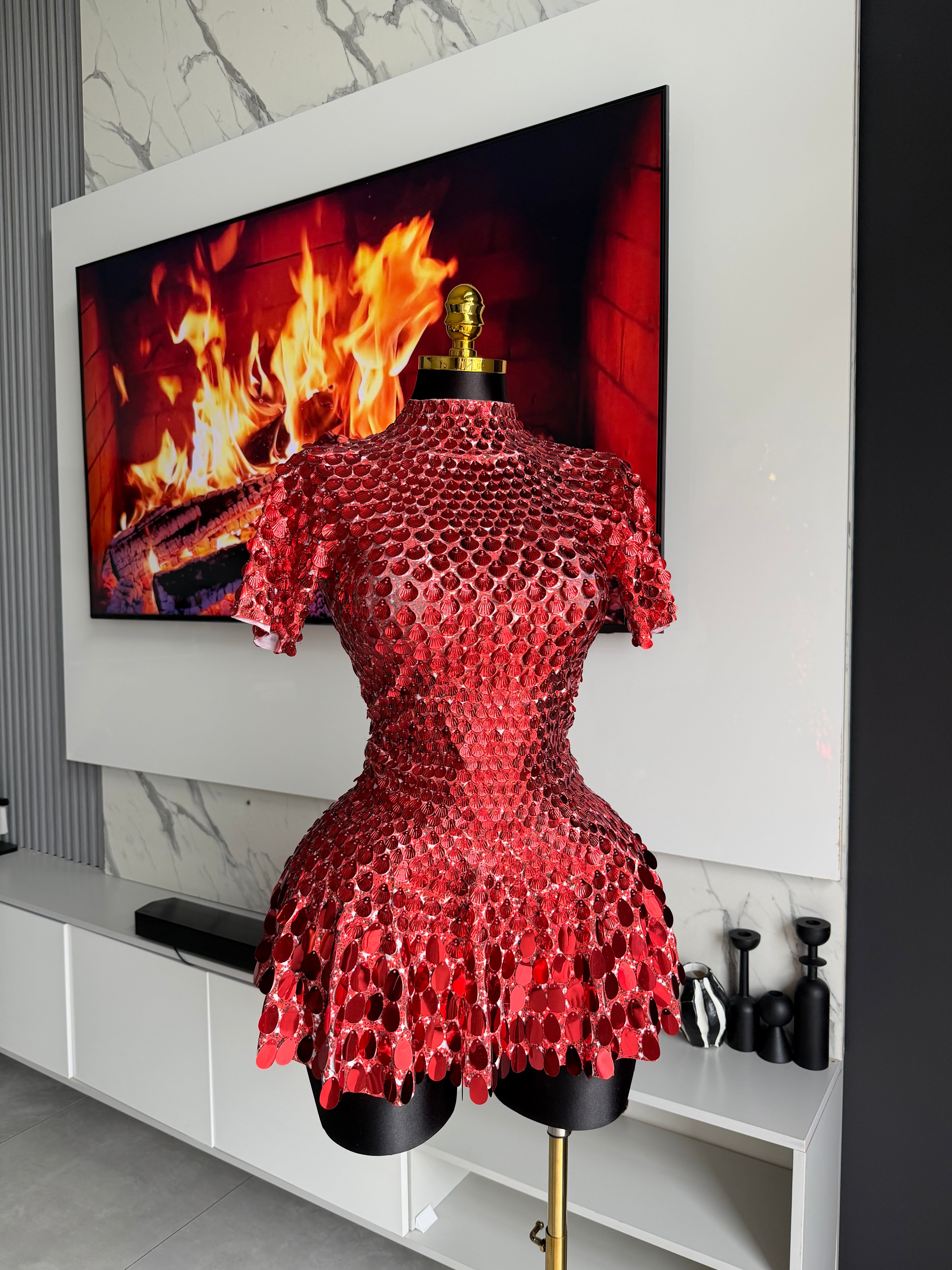 Godiva Mirror Embellished Mini Dress Red