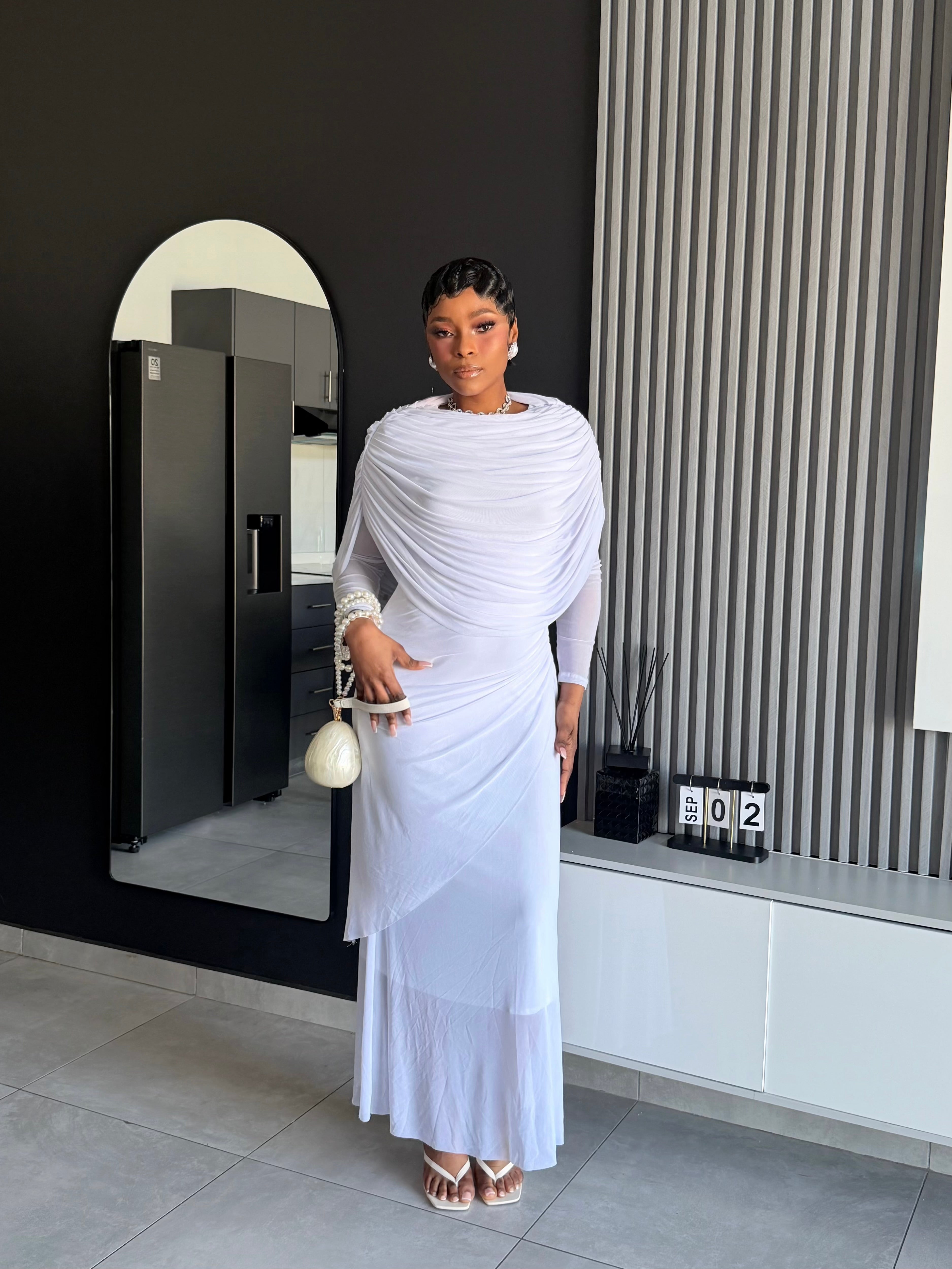 Elaris Draped Pearl Maxi Dress