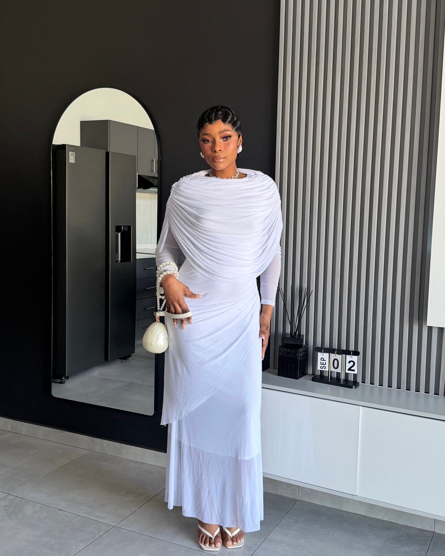 Elaris Draped Pearl Maxi Dress