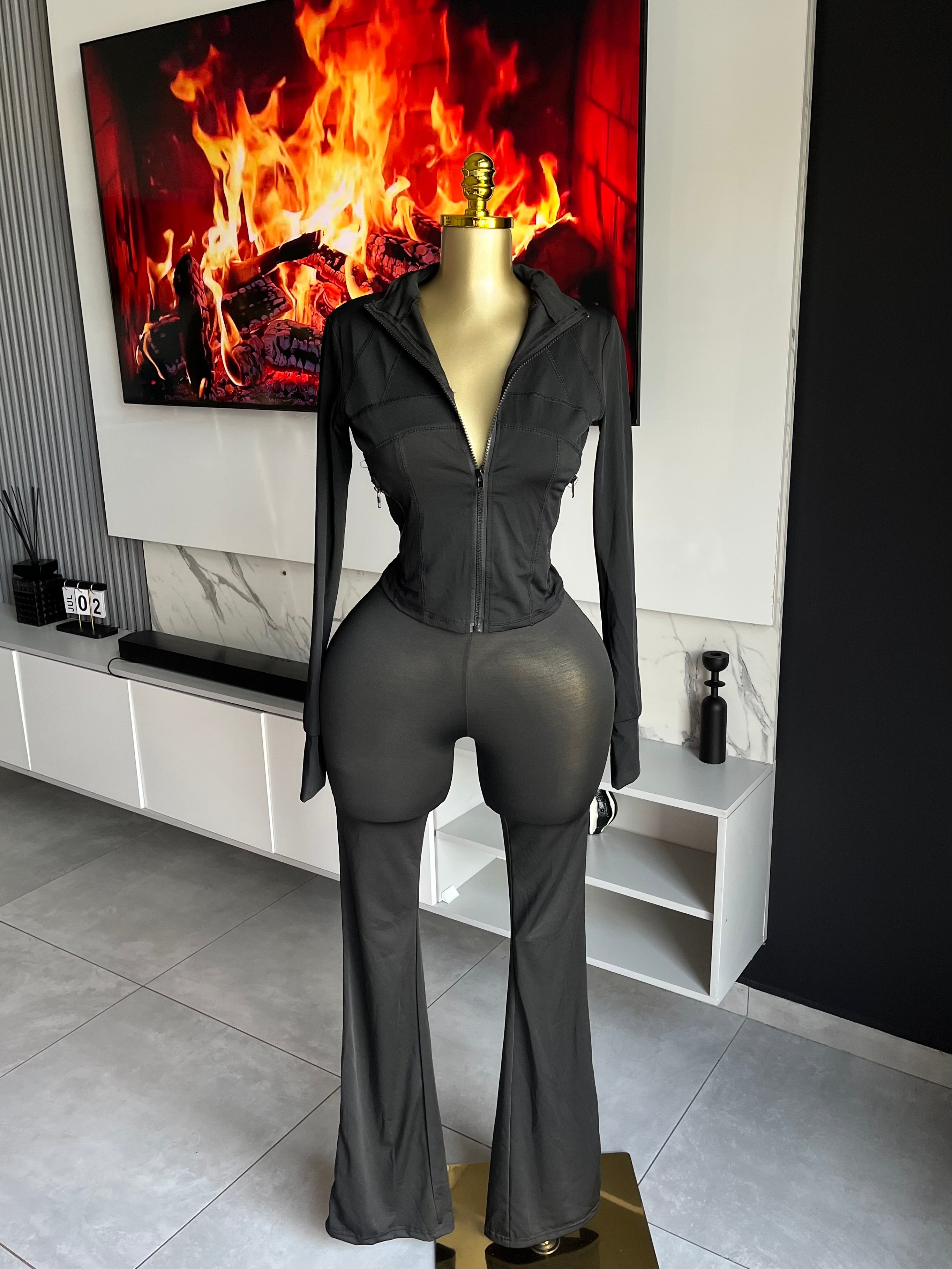 Nova Zip-Up Flare Pant Set Black
