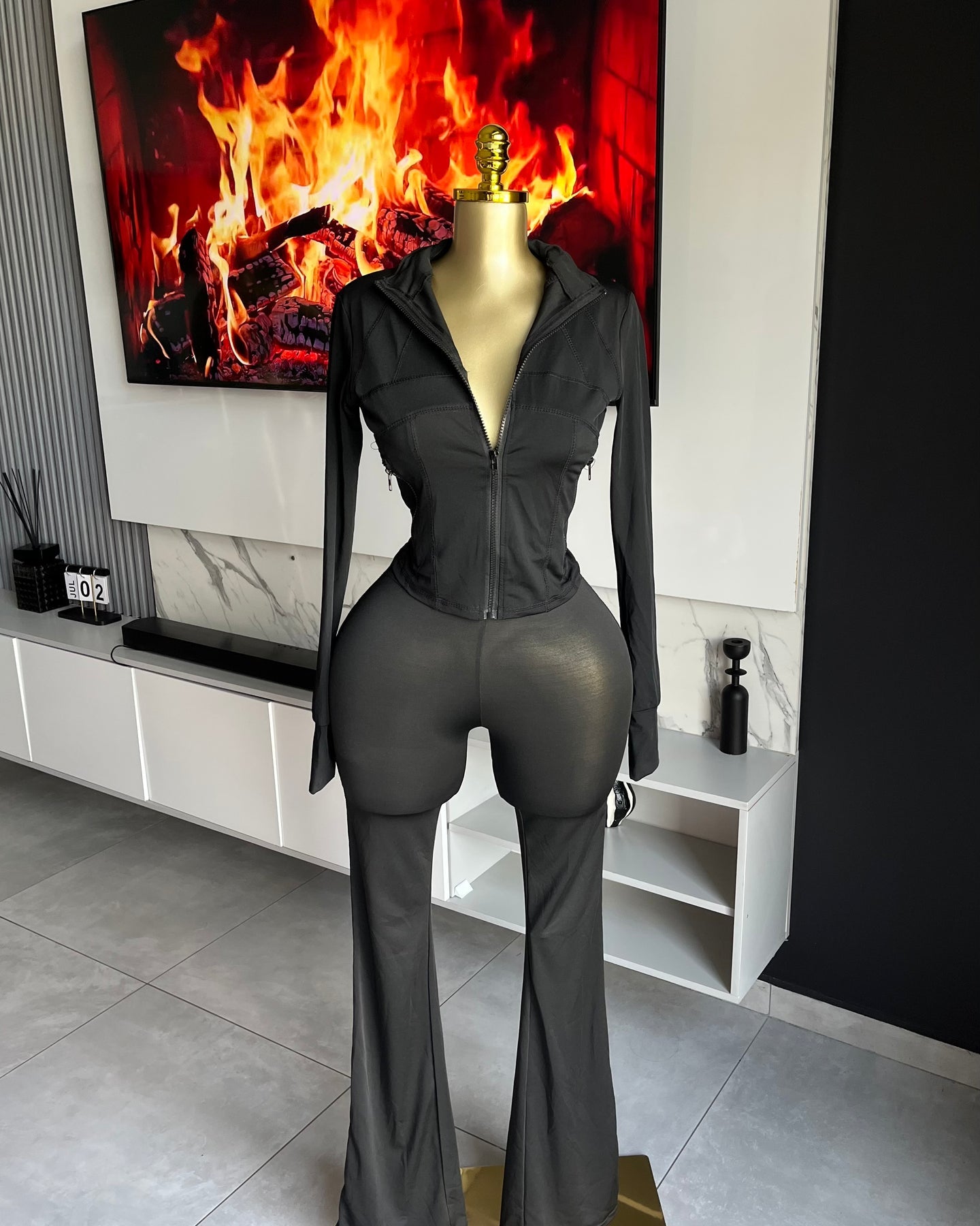 Nova Zip-Up Flare Pant Set Black