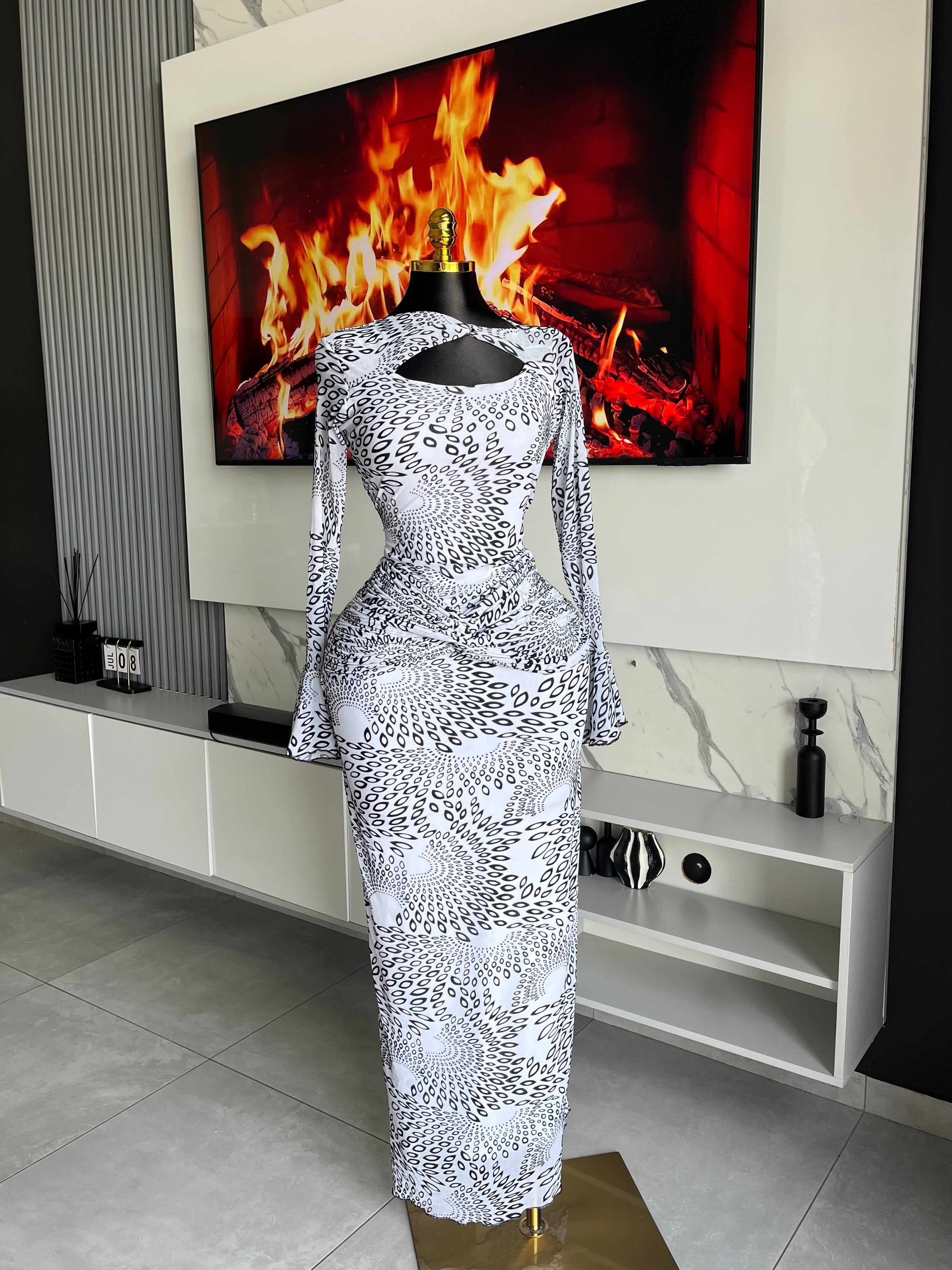 Zelara Mesh Print Cut-Out Maxi Dress